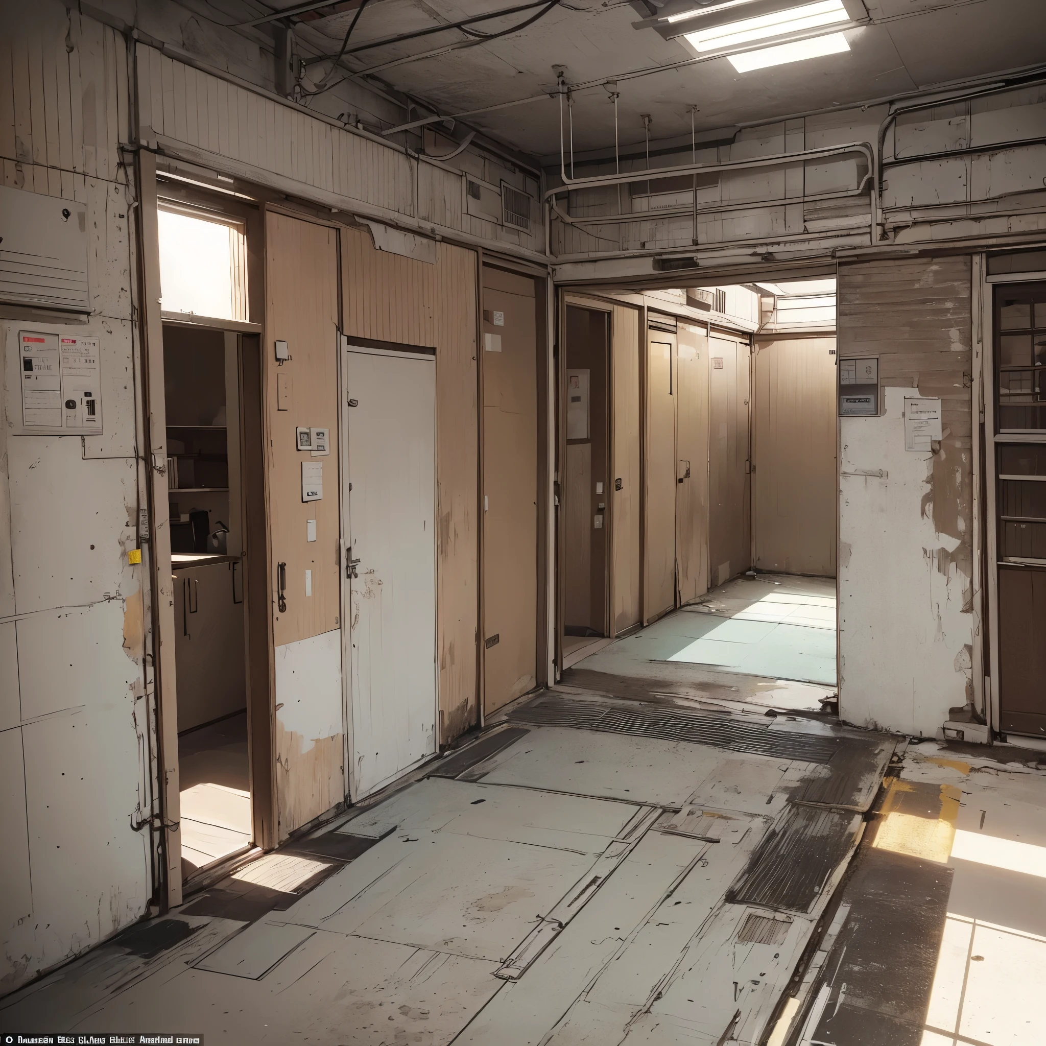 ((20-year-old woman,Blonde short bob hair,She is walking through an empty room)),Huge kids room,room in underground,A room with children&#39;s graffiti,Messy room,Dim electricity,Dimly lit room,There are many long and thin monsters,Uneasy atmosphere,