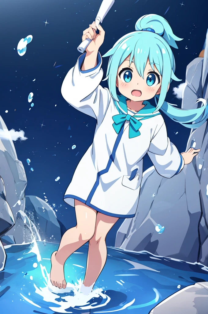 (better quality: 1.4), Anime, aqua from konosuba, naked, blue mucus. white clothes