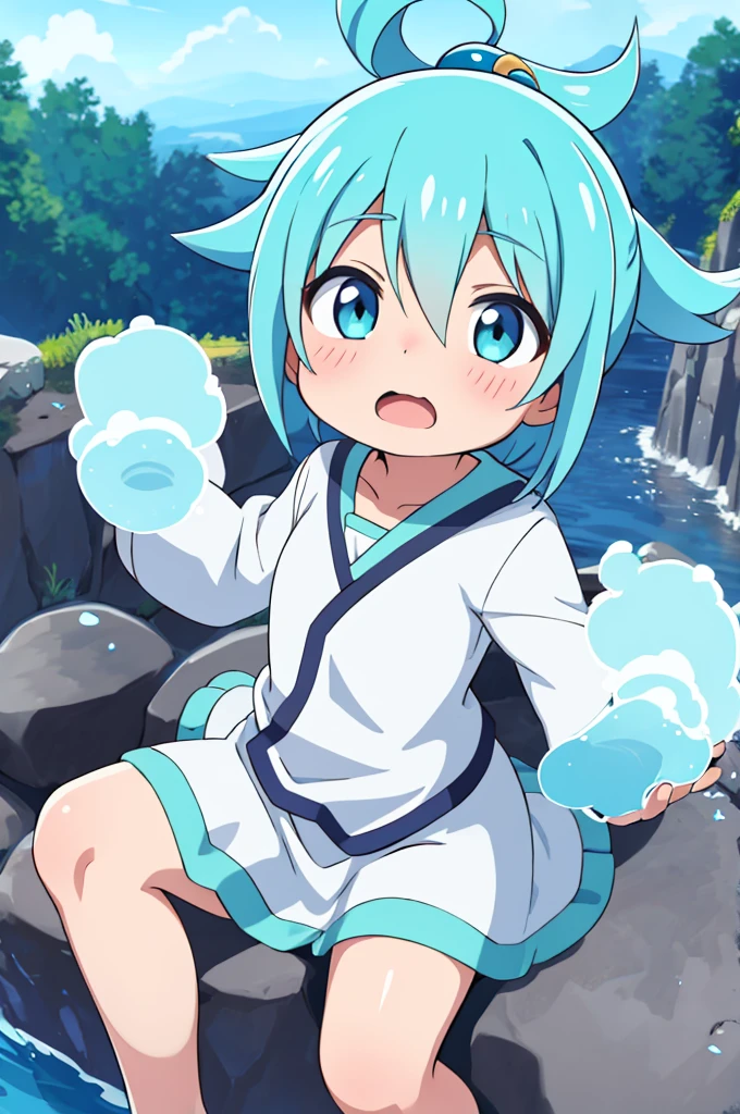 (better quality: 1.4), Anime, aqua from konosuba, naked, blue mucus. white clothes