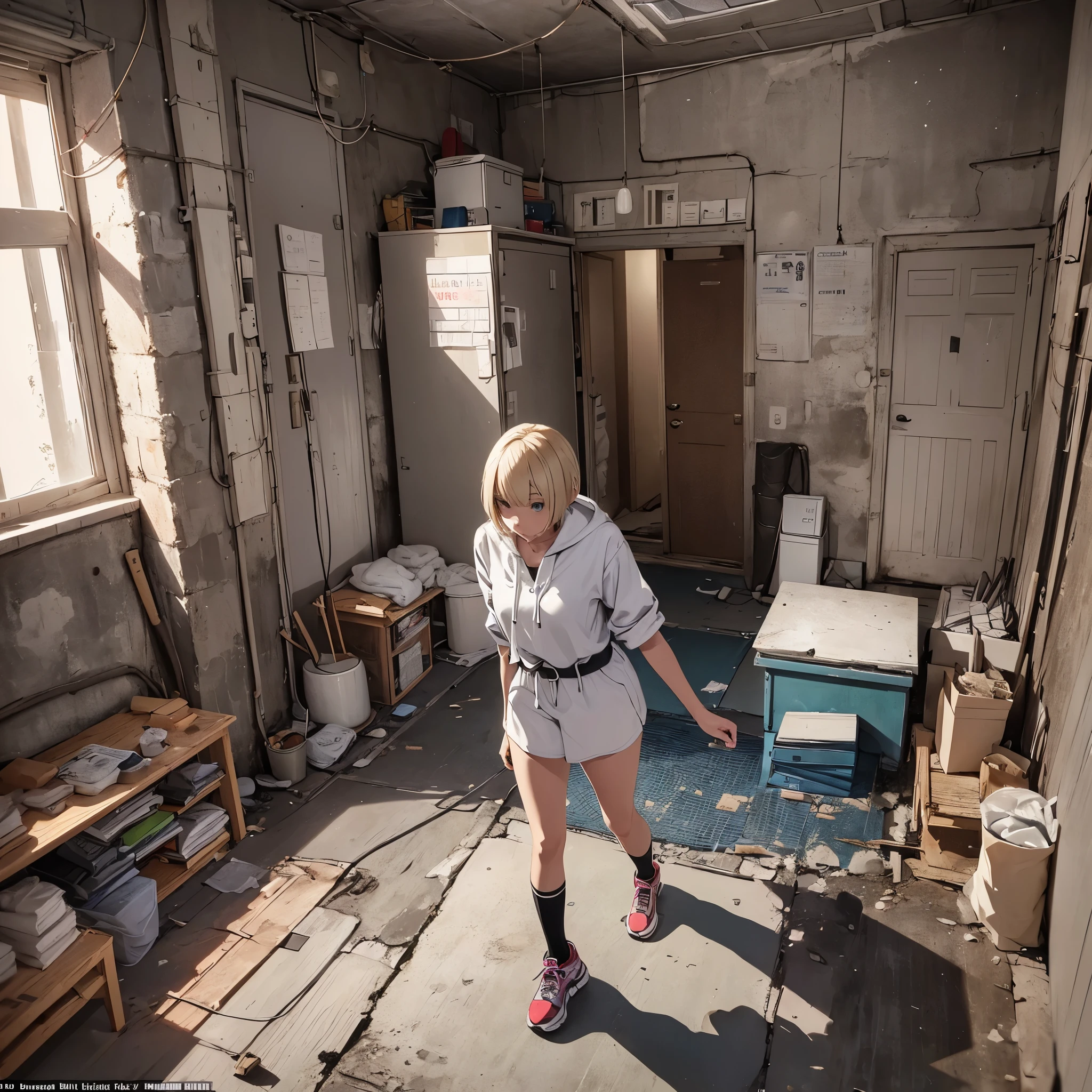 ((20-year-old woman,Blonde short bob hair,She is walking through an empty room)),Huge kids room,room in underground,A room with children&#39;s graffiti,Messy room,Dim electricity,Dimly lit room,There are many long and thin monsters,Uneasy atmosphere,