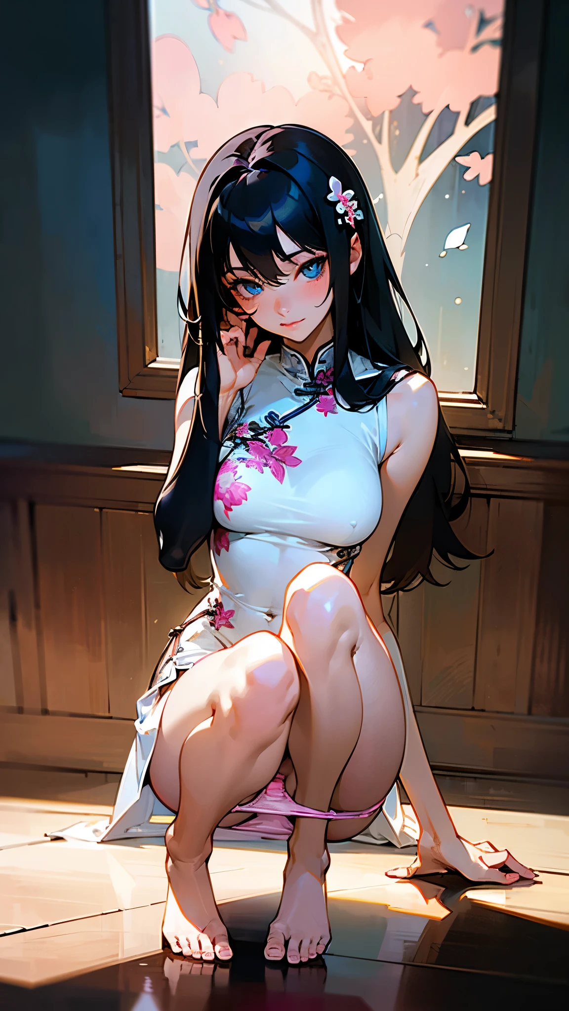 (Realistic:1.3), (masterpiece:1.2), High definition(photoRealistic:1.0), (highest quality), (Detailed skin:1.3), (Intricate details), Reduces light reflections, 1 woman, 19 years old, Detailed skin texture, (blush:0.6), Scattered beneath the surface, (smile), (Black Hair), (Straight Hair), medium Long Hair, (Calm hair), bangs, Hair between the eyes, Hair volume is low, Sparkling blue eyes, Lens Eye, Light reflection in the eyes, Symmetrical eyes, looking at the camera, hair ornaments, Wearing China dress, Floral prints on clothes, medium length Skirt, sleeveless, Side slits, ((white China dress)), She has only two legs, Two arms, Five fingers, Two joints in the fingers, barefoot, Depict the whole body, from back, Inside the room, ((Do not cover the ??????)), ((Whitish pink ?????)), (??????), Perfect body balance, beautiful legs, slim ?????????? her legs very wide, ((move the ????? to the side by fingers)), night room, Panties ceparate from clothes, ??????, left and right legs the same thickness
panties with a strap, big ????, (((finges in ??????))), ((????? on knees)), Natural light, Describe from thighs to head