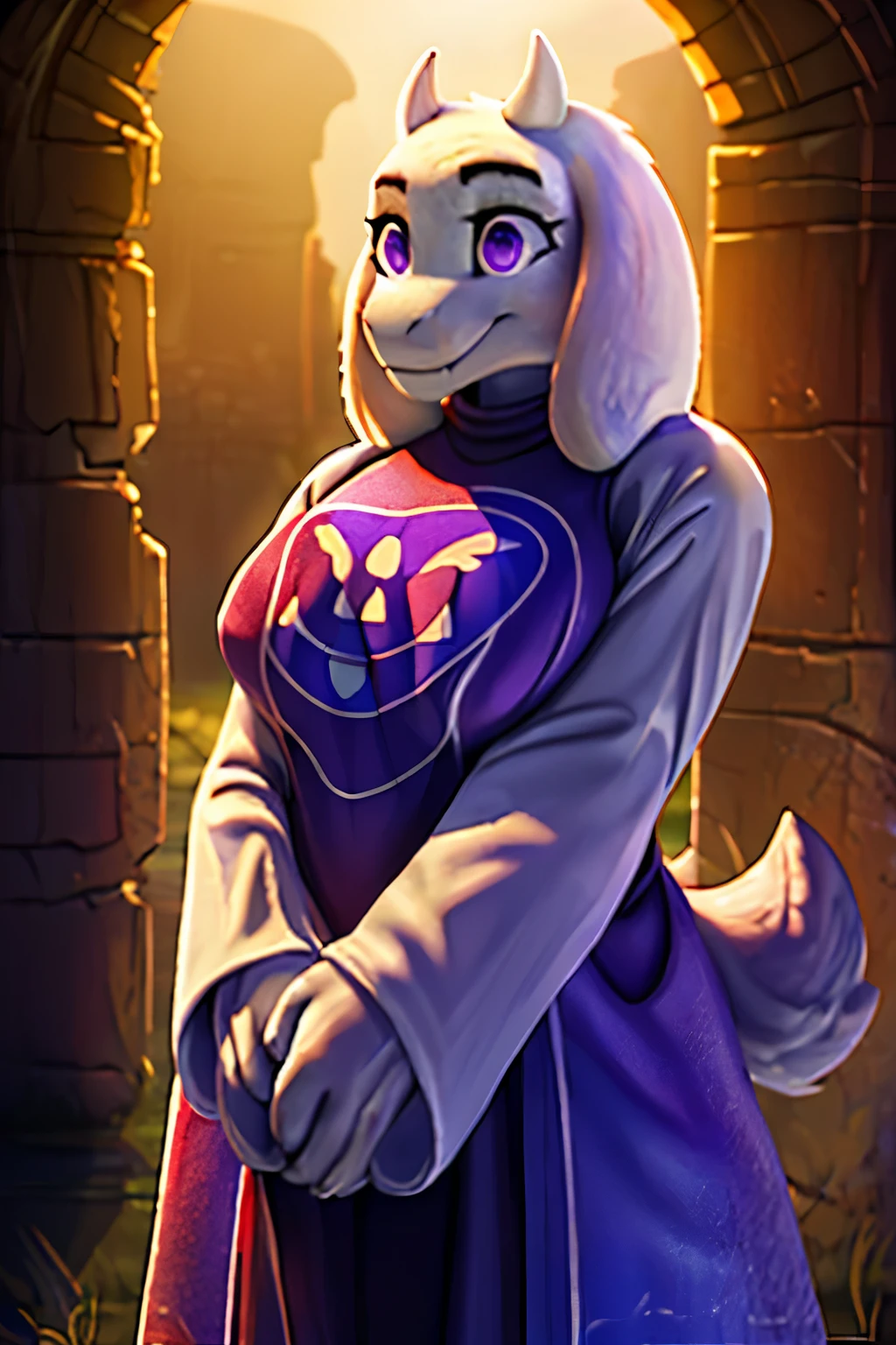 female,goat, Toriel, background, (cinematic lighting:1.1), (perfect focus:1.1), 8k hd, (detailed eyes:1.2),depth of field, bokeh, subsurface scattering, perfect breasts, wide ,((with his clothes from the ruins )),bright colors, (furry detail:1.3),detailed background, realistic, photorealistic, ultra realistic,in a, realistic, photorealistic ,smile,(fluffy:1.3), furry, (realistic fur:1.1), (extreme fur detail:1.2),((light white  fur)),(Black pupil, purple eyes,pixar style eyes),Toriel tail,3d pixar style.