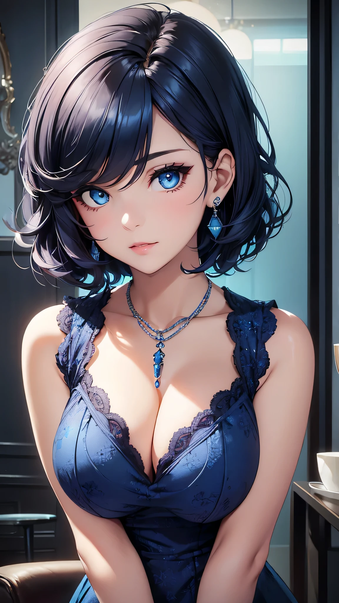 beautiful girl,Dark blue short hair(Inward Curling Bob) ,blue eyes,Blue Dress、race、(())、super close range、Blue Necklace、Blue earrings、hair ornaments、Emphasize the chest