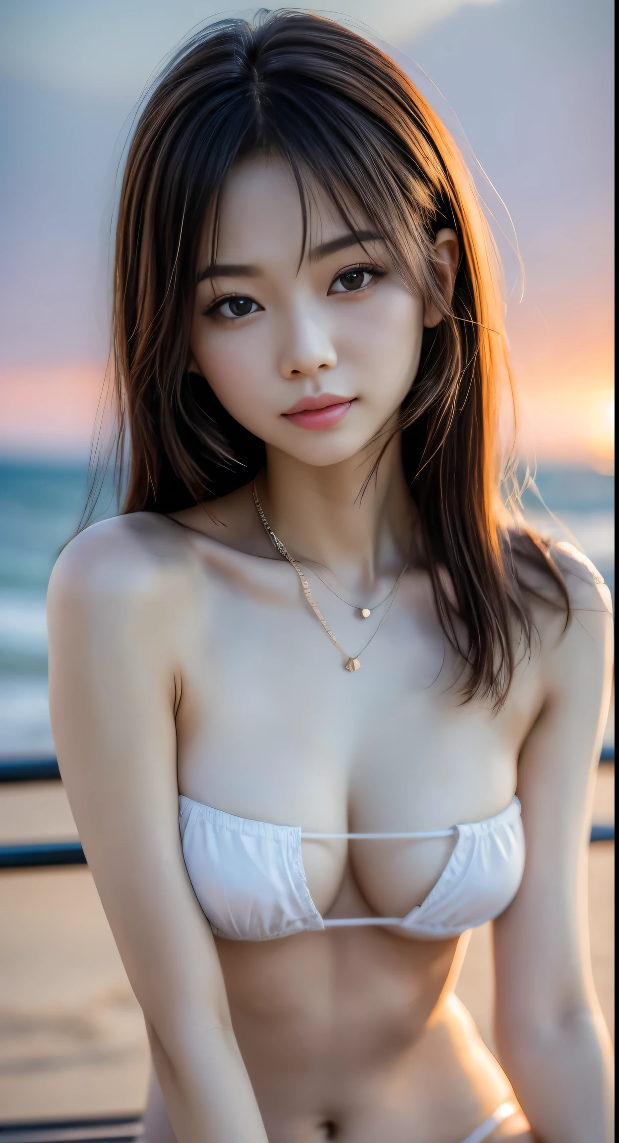 8k, masterpiece, RAW Photos, highest quality, Realistic, Very detailed CG Unity 8k wallpaper, Depth of written boundary, Cinematic Light, Lens flare, Ray Tracing, (Very beautiful face, Beautiful Lips, Beautiful Eyes), Exquisitely detailed face, ((Very detailed肌)) One girl, At the Beach, Cute Asian Girl, (Very slim slender fit-muscled body:1.3), ((View your viewers)),(Big smile:1), (Blurred Background),(No people in the background:1.3), bracelet, necklace, Eyepatch bikini, Clear Eyes, (Pale skin), (Big Eye Ace Forward, ((Upper Body Shot)), (Brown medium hair), (View your viewers:1.3) Open chest, Very slim, Large Breasts, Very detailed, Ultra-realistic, sunset, Sitting on a bench