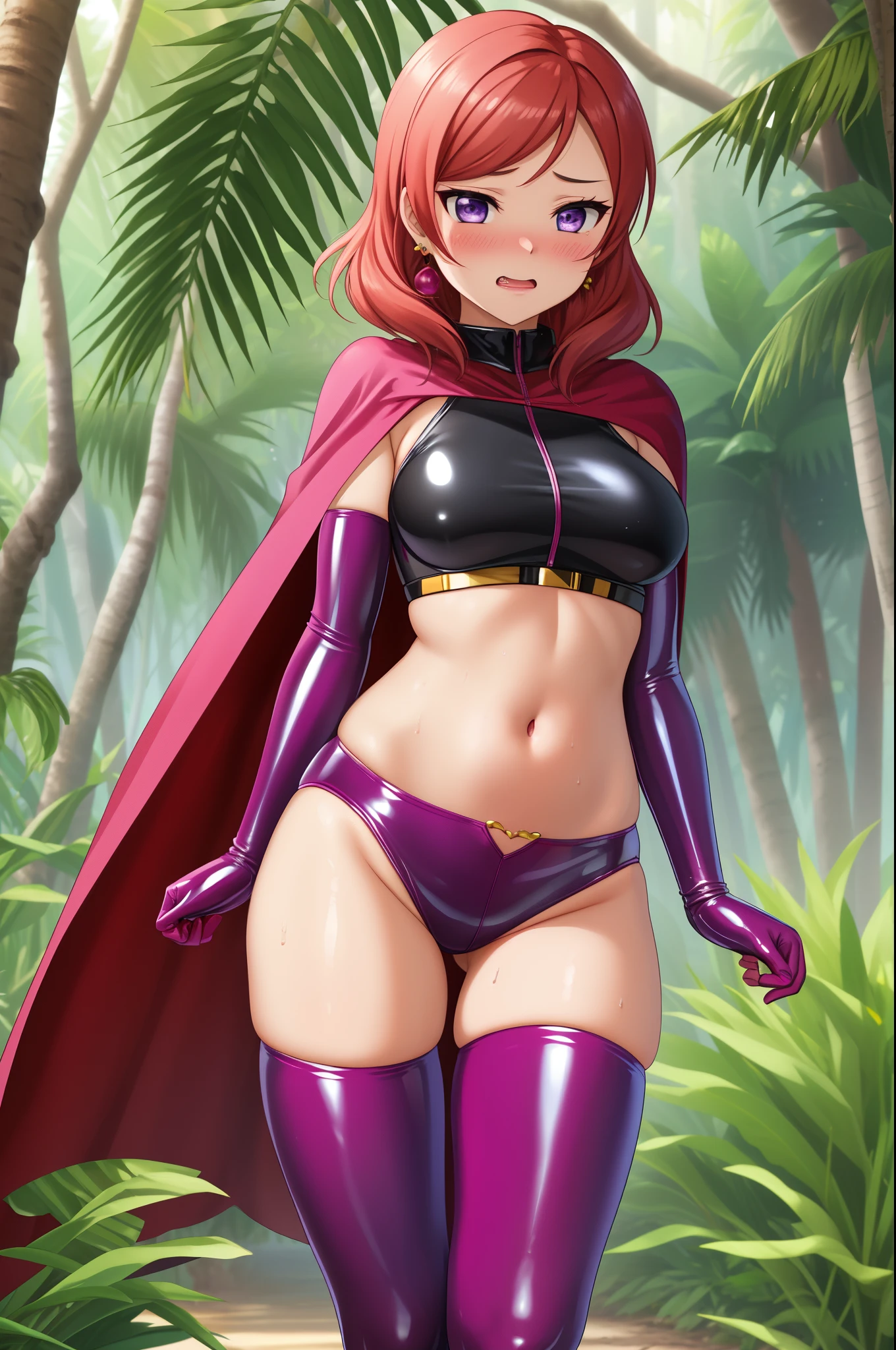 masterpiece, best quality,8k wallpaper, nishikino maki, purple eyes, (pink tight crop top), , cape,elbow gloves, (pink latex cheekies), thighhighs,in jungle , solo, (standing), earrings,crotch , embarrassed, blushing , moist shiny skin,(very detailed sexy na