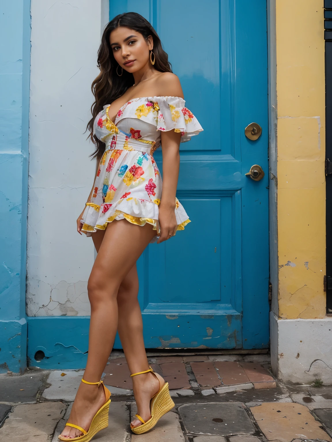 A Colombian influencer posing against the backdrop of the colorful streets of Cartagena's Old Town, her long, dark hair cascading in loose waves down her back, wearing a vibrant off-the-shoulder ruffled dress with statement earrings and espadrille wedges, capturing the lively spirit of the city.Slim fit body. F-Cup. Cleavage. Perfect face. Perfect fingers. Perfect hand. Perfect legs. Perfect feet. Capture the essence of the Colombian look and appearance. Sexy pose. Colombian skin color.