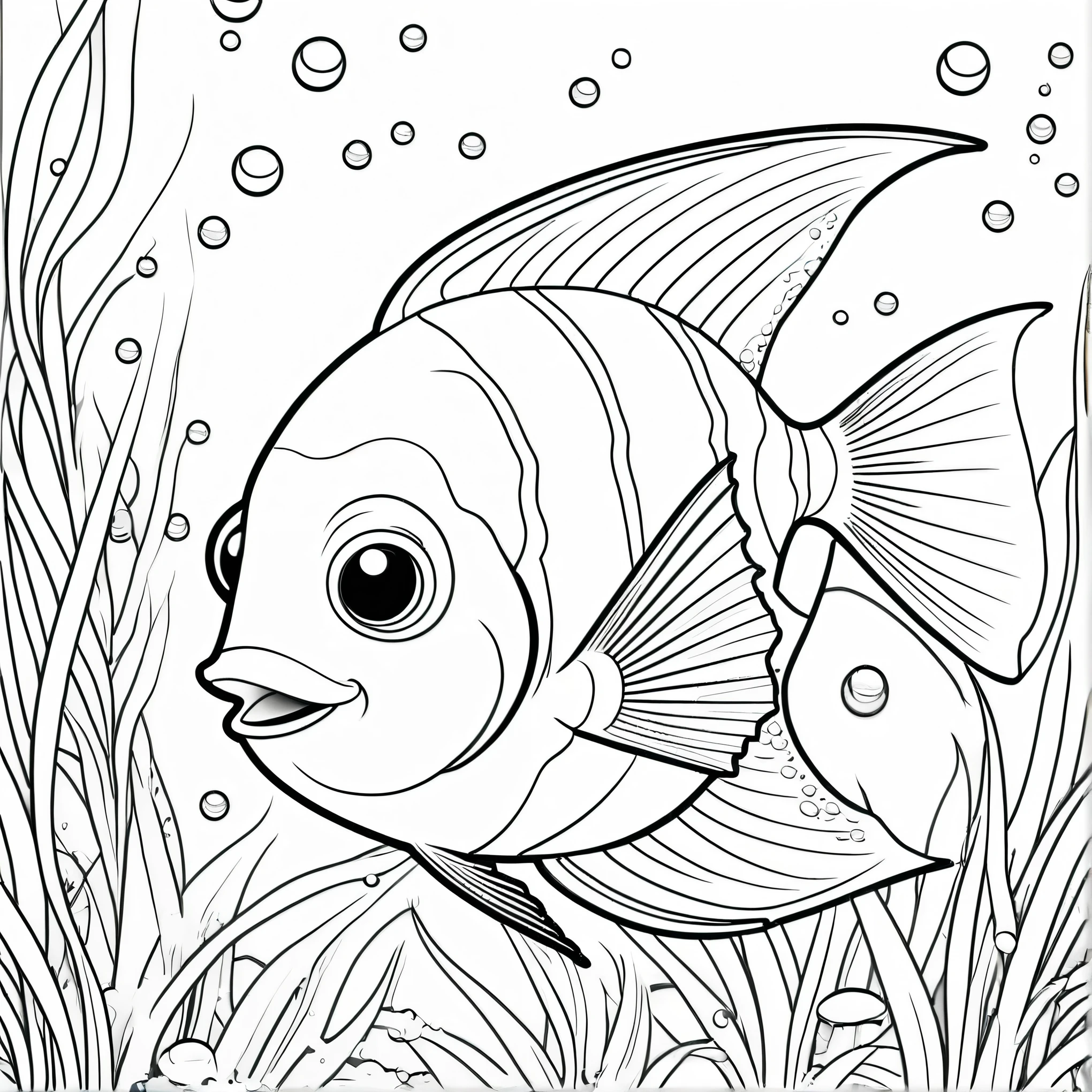 Cute and adorable angelfish, coloring page for kids, happy, smiling, vector art, minimalistic, vector 2d, black lines white background, coloring page for beginners, vector illustration, pencil strokes, no color, drawing for coloring, white background, pixar style, black and white, simple, under the sea surrounded with under water plants