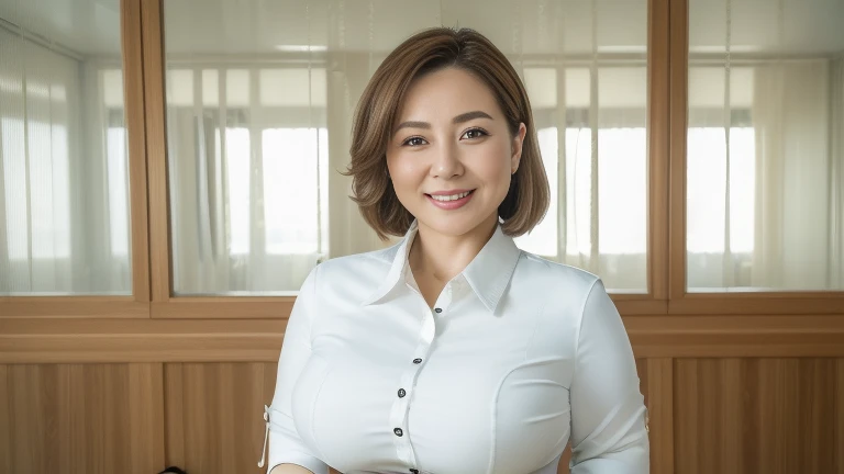 ((highest quality, 8k, masterpiece, Portraiture: 1.3)), (View your viewers), (close:0.85), Attractive business mature woman, Five adult women lined up, Slightly thicker:0.25, White collared shirt, Grey Skirt, (Big breasts and big hips:1.3), A gentle smile、A gaze that seduces viewers、 An empty office,