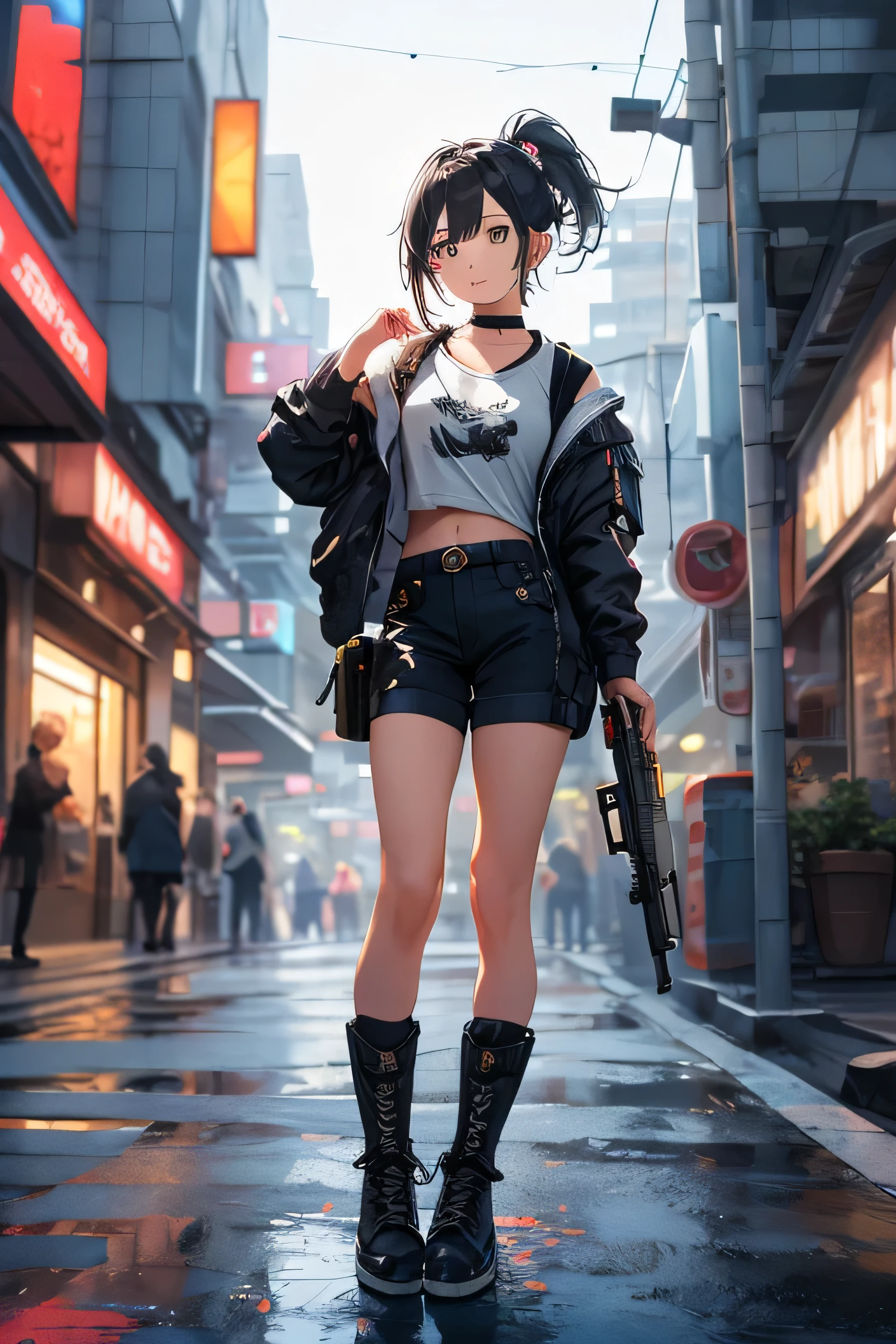 masterpiece, highest quality, One Girl, Medium Long Bob, Ponytail, choker, shirt, Open sweatshirt, Cyberpunk style clothing, Shoulder Holster, Army Boots, Beautiful breasts, finely, Toned legs, masterpiece, A girl standing in the center of town, More backgrounds, gun shop, gun, The subject is very small, The subject is extremely small, The subject&#39;s entire body is visible, spring, Warm colors, Natural posing, Accurate and highly detailed backgrounds, cute, Detailed face, fine grain, Beautiful Eyes, Facing forward、Watching the viewer from afar, Black Hair, smile