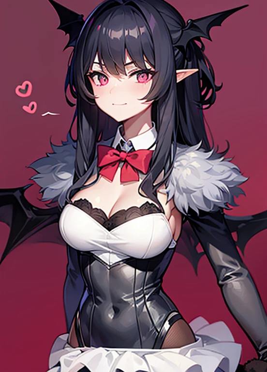 bat wings on sleeves, gray fur, gray bodysuit, ruffled white skirt, slim waist, large breasts, , pink eyes, cross pupils, bat wings on head, white collar, red bowtie on collar, elf ear, grey fluffy fur around shoulders, half-closed eyes, smug
