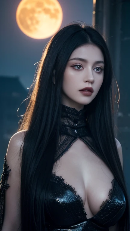 masterpiece, Ultra realistic, 16k, high quality, incredibly detailed, dream aesthetic, nightmare atmosphere, cinematic, work of art, (sharp focus: 1.5), (photorealistic: 1.3), featured (Beautiful girl), a goth girl in a movie scene, cinematic, detailed, 4k sharp focus, realistic, horror movie. scary. Tall and gorgeous, goth makeup. Seductive. Long pale-obsidian Messy hair, framing her pale, alabaster skin that seems to glow ethereally. Her attire is goth. Voluptuous form. Realistic eyes (evil eyes look), her eyes are like red orbs of intense of sinister light. A symmetrical face ::2 goth clothes + eclipse background + moon::1.5 ethereal illustration + trending on artstation + concept art + fantasy art + realistic cloth + fractals in the background, flowing hair --aspect 9:21 --uplight his otherworldly beauty. realistic skin texture, pale-white skin illuminated. realistic perfect shading. absurdres, realistic textures. solo, alone, 1girl. tall. looking at viewer. female muscular body, toned body, defined muscles. Realistic natural breasts, cleavage. pantyhose, (a black) darkness queen dress adorned in gold (realistic texture). In Different positions at different angles. Night background. unbelievably real, best quality, Photorealistic.