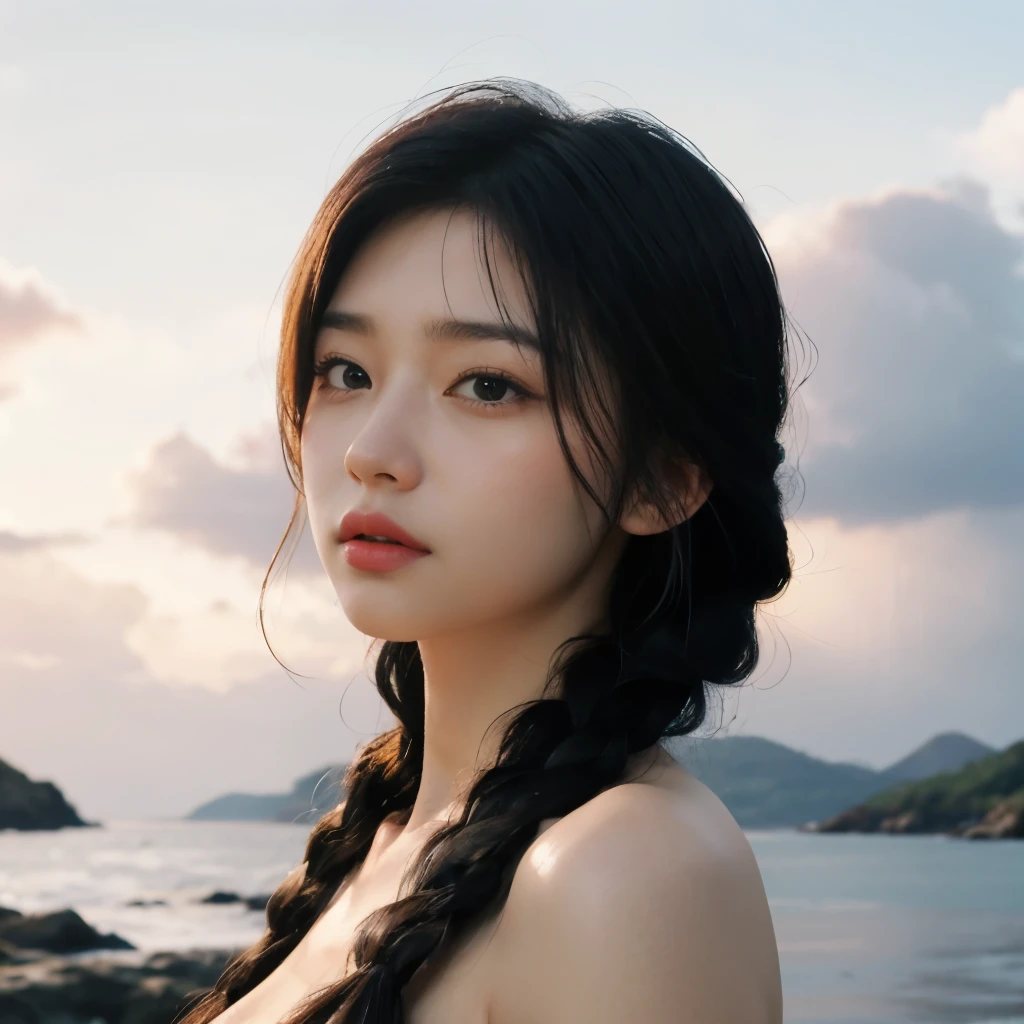 masterpiece, bestquality, 8kwallpaper, ultradetailed,ultrahighres, photography,realistic,1girl,solo,perfect hair, Blackhair, Sidebraid, BREAK, morningglow, pastelsky, cooltones, sunrays, softlight, peaceful atmosphere,early morning serenity,