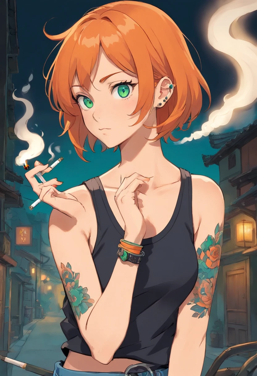 Mulher de 25 anos, orange hair, blue-green eyes and short black tank top with tattoos on his arms, smoking a cigarette with his left hand and holding an 8-round revolver with his right hand, an expression of mockery