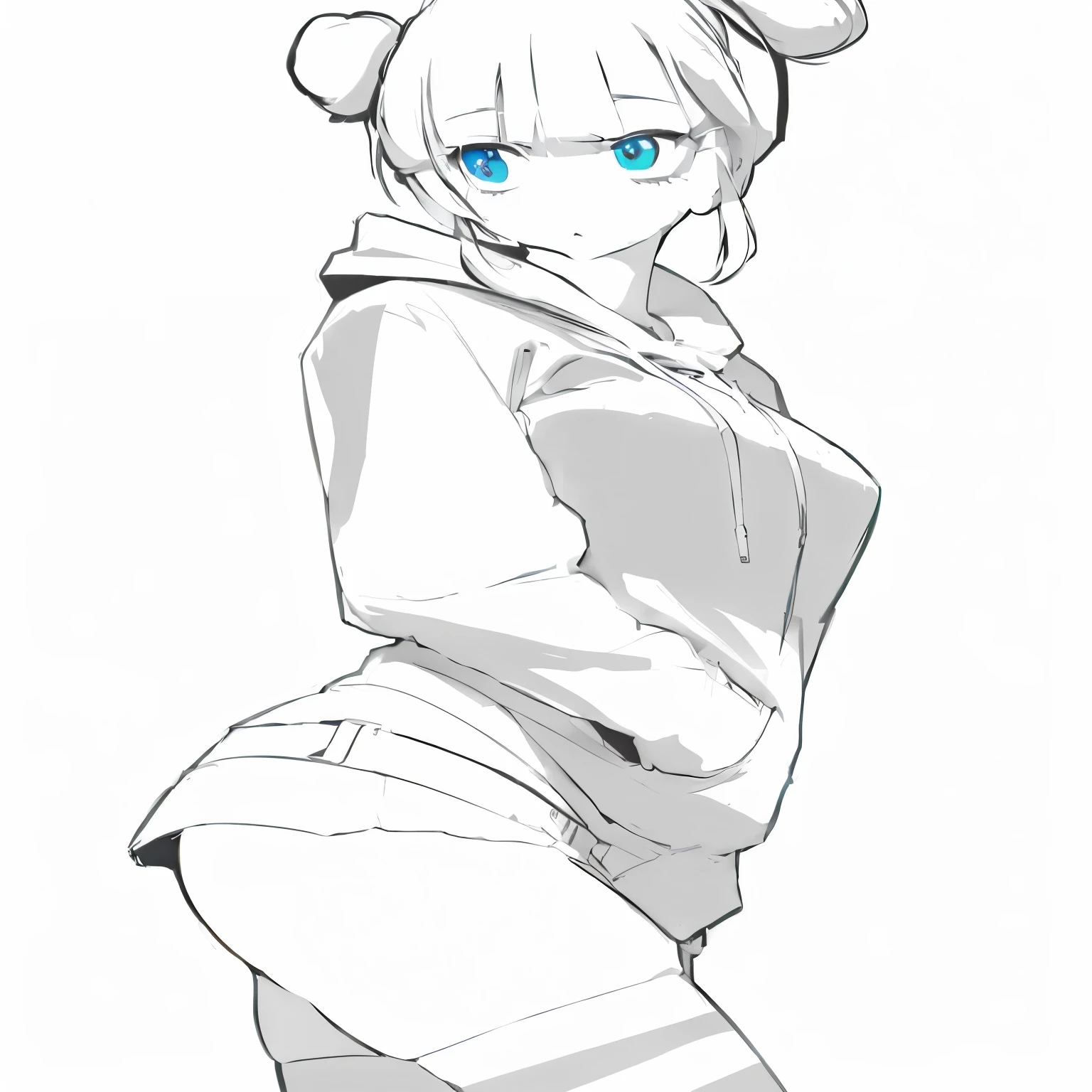 Anime girl with blue eyes and white shirt, Thick outline, Casual posture, Clear anime silhouette, Thick lines, Thick outlines, Thick black lines, Thick lines艺术, Perfect line drawing, Wearing a hoodie, Clean line drawing, Line Drawing, Anime full body illustration, Neutral posture, Posture with hands behind body!, Line Drawing!!, Overview!!!, Thick outline