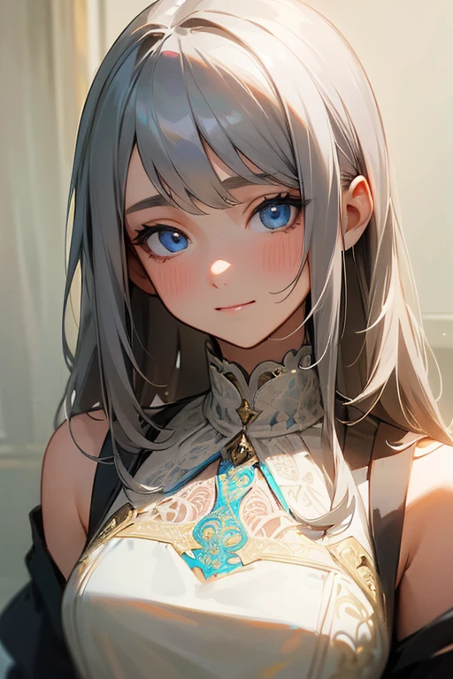 (masterpiece: 1.2, highest quality), (Actual Photos, Intricate details), 1. woman, alone, Upper Body, casual, Shoulder-length hair, Minimal makeup, Natural materials, Face close-up, smile, Home, Gray Hair, blue eyes, Shoulder Bare、Surprised face、