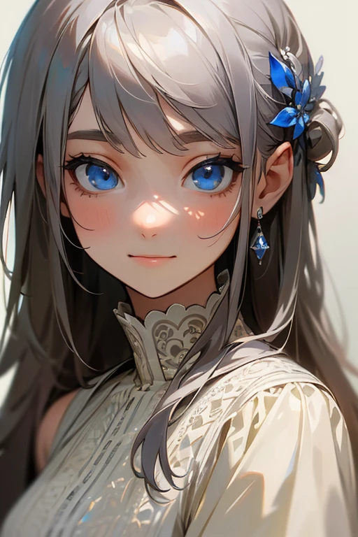 (masterpiece: 1.2, highest quality), (Actual Photos, Intricate details), 1. woman, alone, Upper Body, casual, Shoulder-length hair, Minimal makeup, Natural materials, Face close-up, smile, Home, Gray Hair, blue eyes, Shoulder Bare、Surprised face、