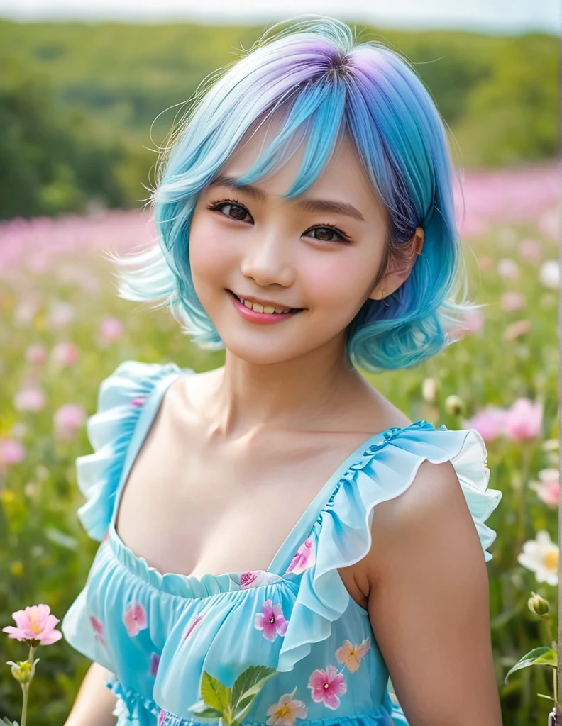close up face, smile, Japanese girl, The charming girl with short, bright light blue hair is dressed in a fluttery, frilly dress. Her attire sparkles under the bright sunlight, swaying gracefully with her movements. The dress, with its girlish design, blends pink and white pastel colors, exuding an aura of innocence and dreaminess. She walks through a field of flowers, gazing at the surrounding world with a curious and lively spirit,