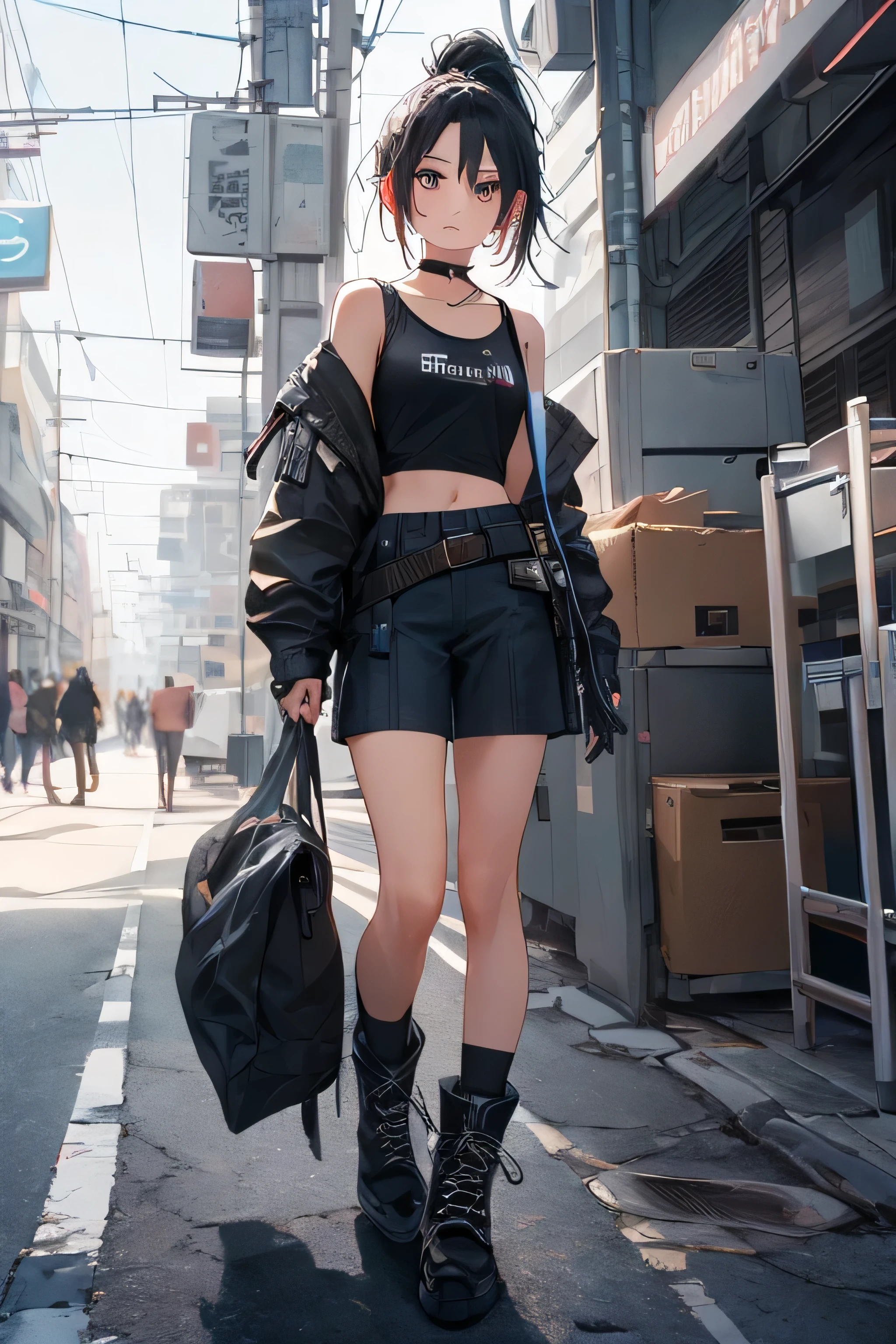 masterpiece, highest quality, One Girl, Medium Long Bob, Ponytail, choker, shirt, Open sweatshirt, Cyberpunk style clothing, Shoulder Holster, Army Boots, Beautiful breasts, finely, Toned legs, masterpiece, A girl standing in the center of town, More backgrounds, gun shop, gun, The subject is very small, The subject is extremely small, The subject&#39;s entire body is visible, spring, Warm colors, Natural posing, Accurate and highly detailed backgrounds, cute, Detailed face, fine grain, Beautiful Eyes, Facing forward、Watching the viewer from afar, Black Hair, smile