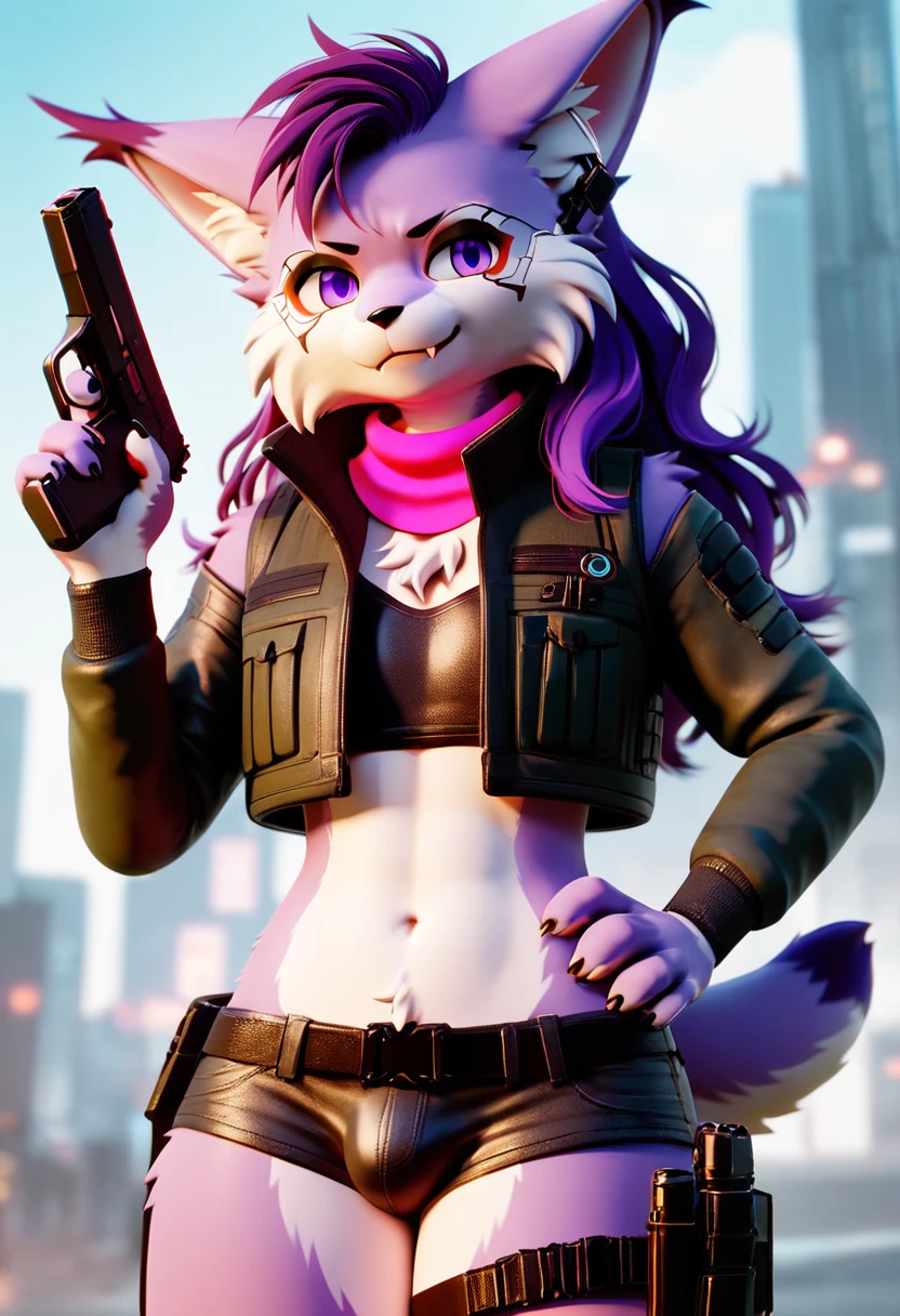 score_9,score_8_up,score_7_up,score_6_up,score_5_up,score_4_up, Lynx, purple fur, purple eyes, anthro, ((long hair)), wavy hair, purple hair, eyeliner, eyelashes, black eyeshadow, furry art, cheeks tuft, shoulder tuft, male focus, femboy, tactical gloves, cute fangs, kemono, shota, fluffy neck, icon portrait, claws, black nails, scarf, arm warmers, :p, frown, cyberpunk jacket, evil smile, neon, cyberpunk glases, cyberpunk earphones, ((glock pistol)), navel, helmet, (goggles), crotch tuft, ((military vest)), belt, (holster), leg warmers, pink clothes, 3d, blender software, (shorts),