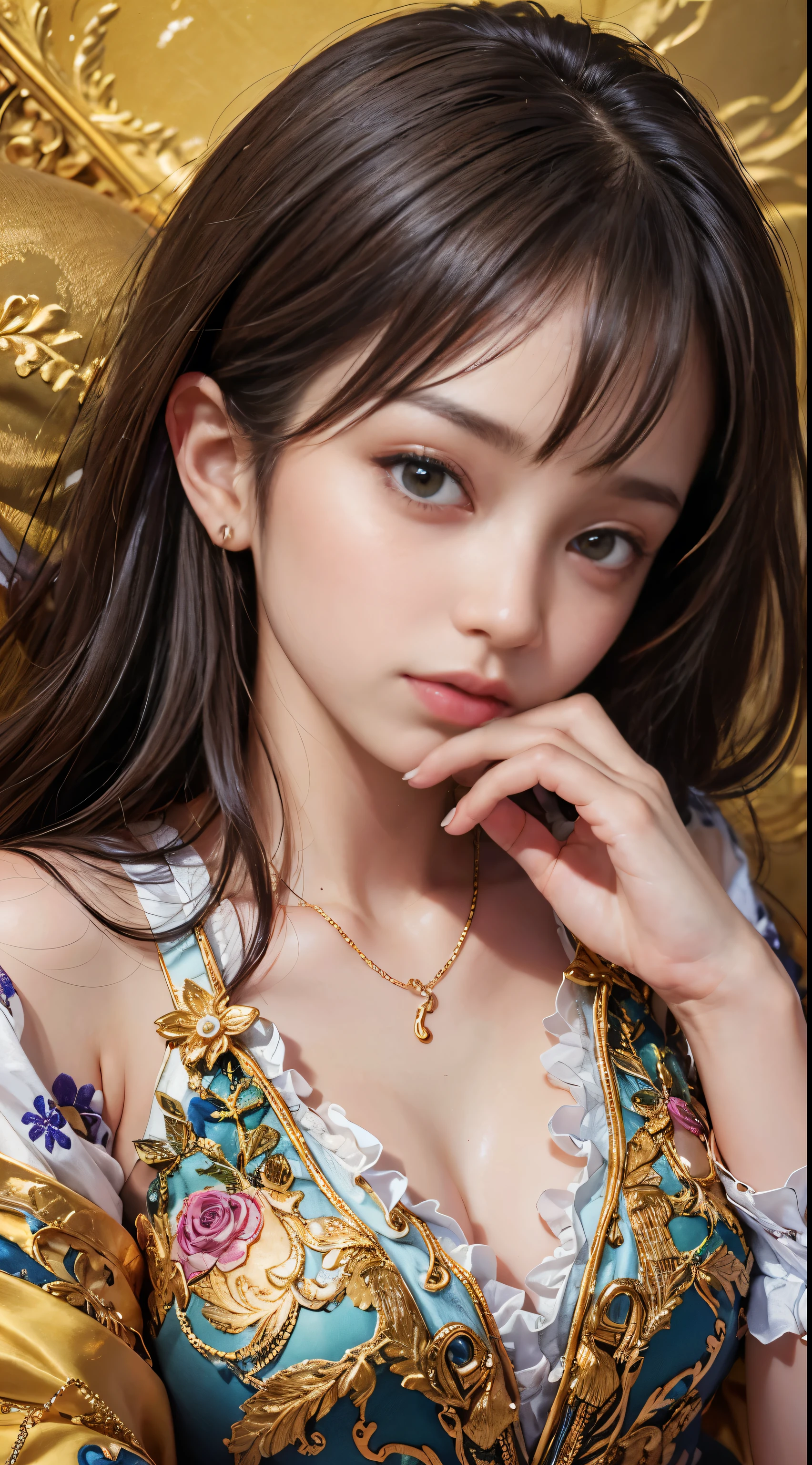 (One Girl:1.3), Cinematic Light, (Tabletop, highest quality, highest quality, beautifully、aesthetic:1.3), Very detailed,Best details,(Very detailed),, From above,(( Lying in bed)), alone, chest, Silky long hair, (Brown Hair), Roses were scattered in the flowerbed., ((suit)), ((shirt)), Open chest,Big chest,Accurate finger drawing,Anatomically correct hand