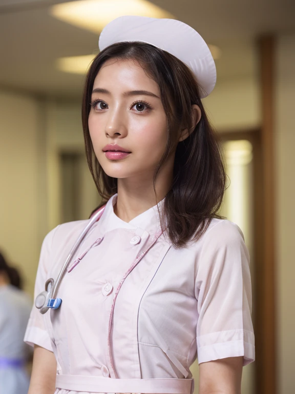 1 girl,(Wearing white nurse clothes:1.2),(RAW Photos, highest quality), (Realistic, photo-Realistic:1.4), masterpiece, Very delicate and beautiful, Very detailed, 2k wallpaper, wonderful, finely, Very detailed CG unity 8k wallpaper, Very detailed, High resolution, Soft Light, Beautiful detailed girl, Very detailed eyes and face, Beautiful and detailed nose, finely beautiful eyes, Perfect Anatomy, Black Hair, Upstyle, nurse uniform, ((nurse cap)), Long skirt, nurse, White costume, thin, hospital, clear, White Uniform, hospital room, Neck auscultation, ((Upper Body))