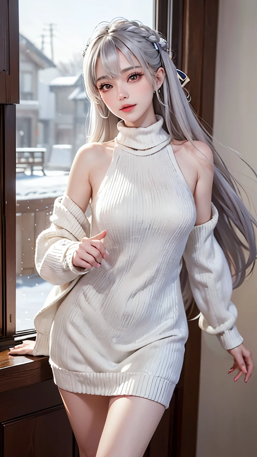 virgin killer sweater、((masterpiece:1.5、8k、Tabletop、フォトリアリスティックでVery detailedなCG、Very detailed、Particle Effects、Dynamic Effects、Written boundary depth、Cinematic Light、Lens flare、Ray Tracing、Tabletop、Realistic:1.4、超A high resolution:1.2、Realistic、Realistic))((alone、A woman wearing a knitted sweater and a long coat:1.4、Elegant woman posing:、Detailed face、Bright expression、Younger, brighter, whiter skin、Best Looks、The ultimate beauty、Silver hair with dazzling highlights、Shiny bright hair,、Super long, silky straight hair、hair dancing in the wind))(morning、The setting is inside a wooden house, with a view of snow piling up from the window.)
