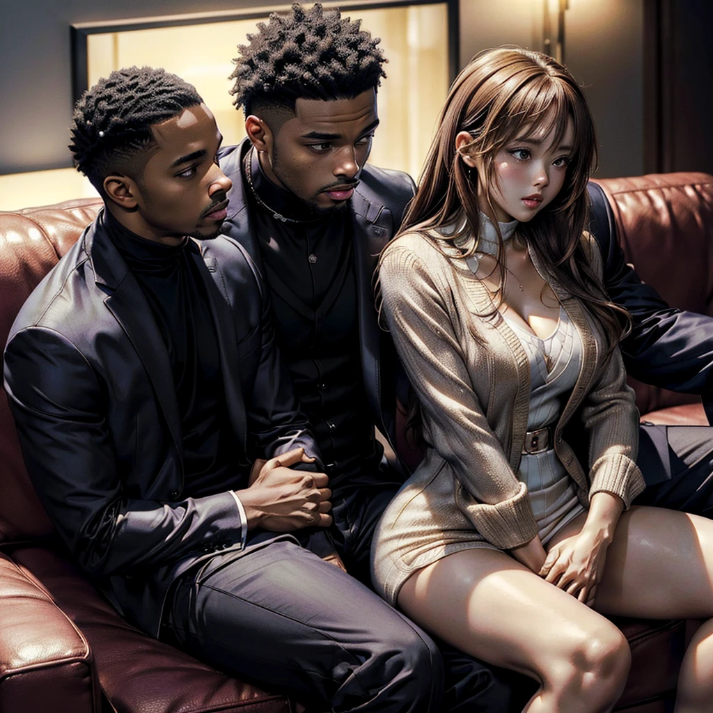 ((highest quality)), ((masterpiece)), ((Perfect Face))、((Yuuki Yuuki Asuna))、（((The woman has brown hair and white skin)))、((A woman sits between the legs of a black man, leaning herself against him.))、((Black man in flashy clothesを着て大きな豪華な椅子に座り男は胸を揉み股間を触りキスをして女を愛撫してセックスする))、（The woman is naked）、The woman is a mafia woman、Black man in flashy clothes、((Black man grabs woman&#39;s breasts and squeezes them violently))、（A woman gives a loving kiss to a black man）、（The black man is a mafia boss with a dark skin, a strong body, a big erect black dick and testicles）、（The woman looks at the black man with loving eyes, looking happy.）、The woman is wearing earrings and a necklace decorated with gorgeous jewels.、jewelled waist chain、Black men and women wear gorgeous engagement rings、The woman is a black man&#39;s wife＝Mafia boss&#39;s wife