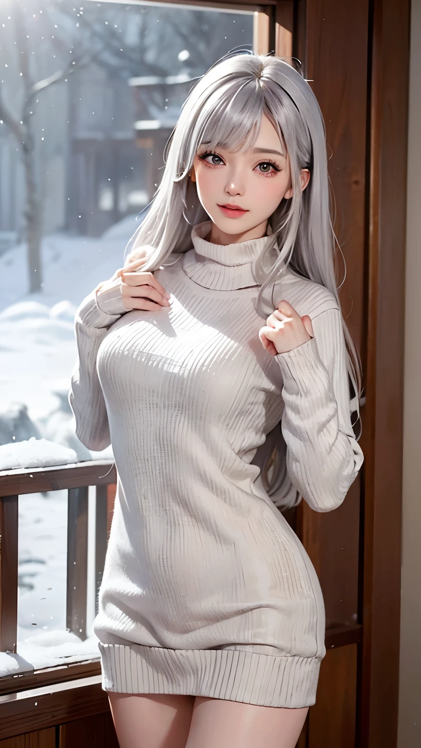 virgin killer sweater、((masterpiece:1.5、8k、Tabletop、フォトリアリスティックでVery detailedなCG、Very detailed、Particle Effects、Dynamic Effects、Written boundary depth、Cinematic Light、Lens flare、Ray Tracing、Tabletop、Realistic:1.4、超A high resolution:1.2、Realistic、Realistic))((alone、A woman wearing a knitted sweater and a long coat:1.4、Elegant woman posing:、Detailed face、Bright expression、Younger, brighter, whiter skin、Best Looks、The ultimate beauty、Silver hair with dazzling highlights、Shiny bright hair,、Super long, silky straight hair、hair dancing in the wind))(morning、The setting is inside a wooden house, with a view of snow piling up from the window.)