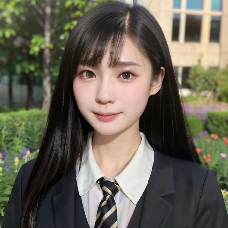 (kawaii 24 year-old Japanese girl, Nogizaka idol, Korean idol), (glossy black hair, pixie cut, bangs:1.3), (even and symmetric hair design), (deep black eyes, rounded face, single eyelid, no makeup, soft smiling:1.2), (wearing Japanese school uniforms, collared white shirt, school tie:1.3), (extra small breasts:0.9), (looking at camera:1.2), BREAK, (at a garden in the school , summer daytime:1.3), (dynamic angle, bust shot:1.3), BREAK, (masterpiece, best quality, photo realistic, official art:1.4), (UHD, 8K quality wallpaper, high resolution, raw photo, golden ratio:1.3), (shiny skin), professional lighting, physically based rendering, award winning, (highly detailed skin, extremely detailed face and eyes), Carl Zeiss 85 mm F/1.4, depth of field, 1girl, solo,