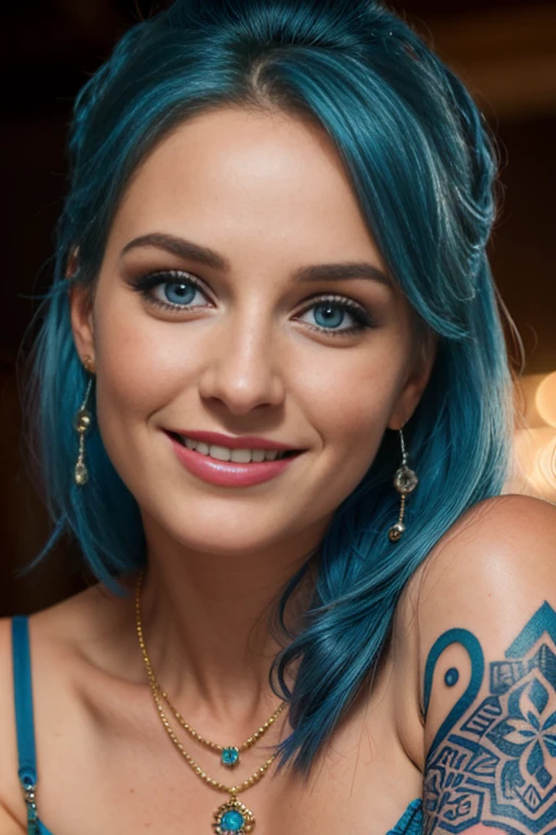 une femme de 25 ans, sexy, romantic smile, HD, 8k, masterpiece, a lot of details, blue hairs, deep look, blue eyes, pink lace lingery, tribal tattoo