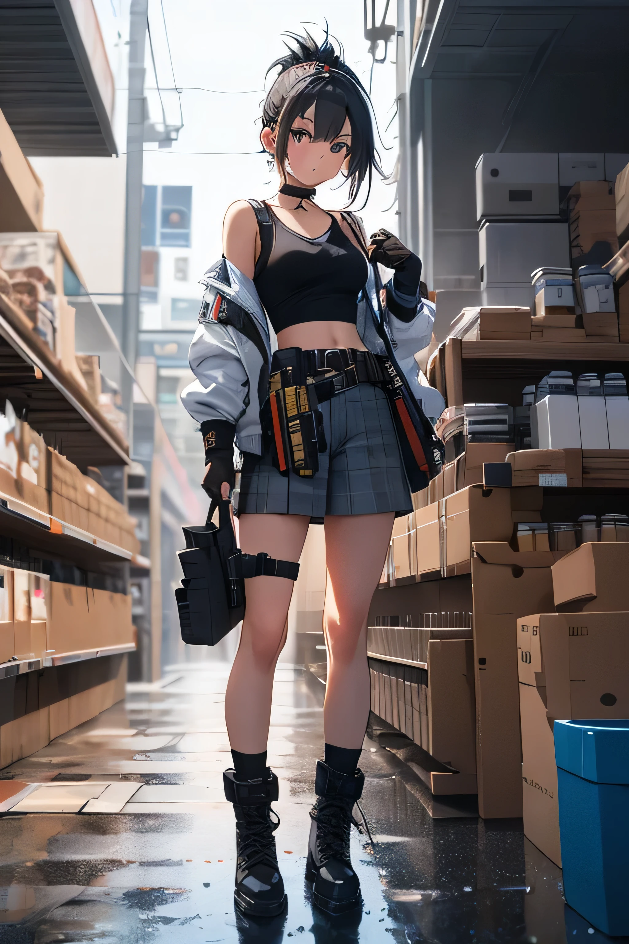 masterpiece, highest quality, One Girl, Medium Long Bob, Ponytail, choker, shirt, Open sweatshirt, Cyberpunk style clothing, Shoulder Holster, Army Boots, Beautiful breasts, finely, Toned legs, masterpiece, A girl standing in the center of town, More backgrounds, gun shop, gun, Ammunition being stocked, The subject is very small, The subject is extremely small, The subject's entire body is visible, spring, Warm colors, Natural posing, Accurate and highly detailed backgrounds, cute, Detailed face, fine grain, Beautiful Eyes, Facing forward、Watching the viewer from afar, Black Hair, smile