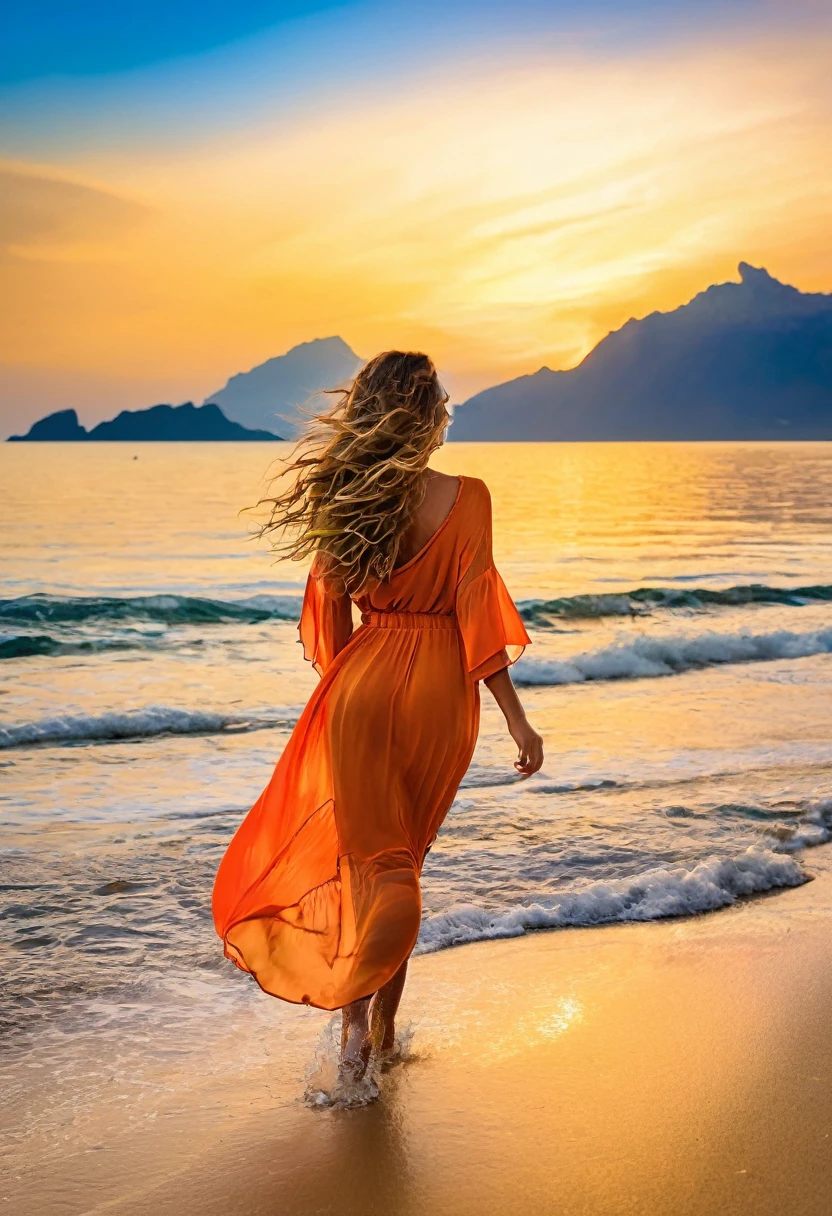 The scene unfolds on a paradisiacal beach, where the calm, crystal-clear sea gently kisses the golden sand. A majestic sunset paints the sky in shades of orange, pink and gold and deep blue, creating a spectacle of colors on the horizon.
On the sandy strip, a beautiful woman of approximately 35 runs freely, her wavy brown hair blowing in the wind. Her face is perfectly sculpted, with radiant eyes that capture the sunlight and an infectious smile that lights up her expression.
She wears a stunning golden beach cover-up, adorned with black details that highlight her beauty. The beach cover-up flutters around her as she runs, adding a touch of elegance and glamor to the scene.
In the background, majestic and verdant mountains with slight bluish tones rise laterally, creating a natural frame for the beauty of the beach and the sea. The contrast between the imposing mountains and the serenity of the sea provides a breathtaking backdrop to the scene.
The woman is partially turned backwards, looking over her shoulder with an expression of pure happiness and freedom. Her eyes shine with joy as she enjoys the present moment, immersed in the beauty of nature around her.
This image captures the essence of freedom, beauty and joy, creating a spectacular scene that invites the viewer to lose themselves in the magic of the moment.