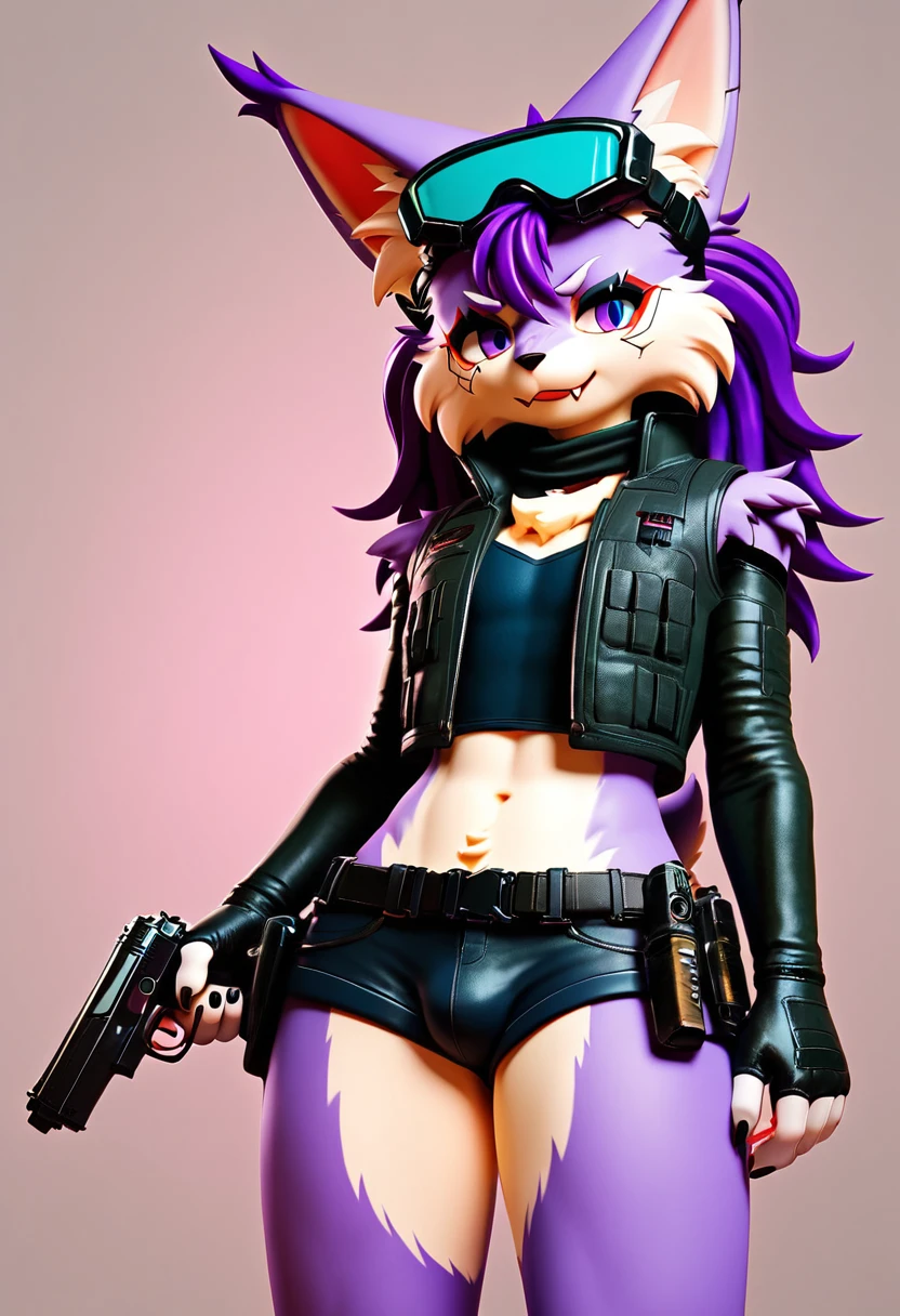 score_9,score_8_up,score_7_up, Lynx, purple fur, purple eyes, anthro, ((long hair)), wavy hair, purple hair, eyeliner, eyelashes, black eyeshadow, furry art, cheeks tuft, shoulder tuft, male focus, femboy, tactical gloves, cute fangs, kemono, shota, fluffy neck, icon portrait, claws, black nails, scarf, arm warmers, :p, frown, cyberpunk jacket, evil smile, neon, cyberpunk glases, cyberpunk earphones, ((glock pistol)), navel, helmet, (goggles), crotch tuft, ((military vest)), belt, (holster), leg warmers, pink clothes, 3d, blender software, (shorts),