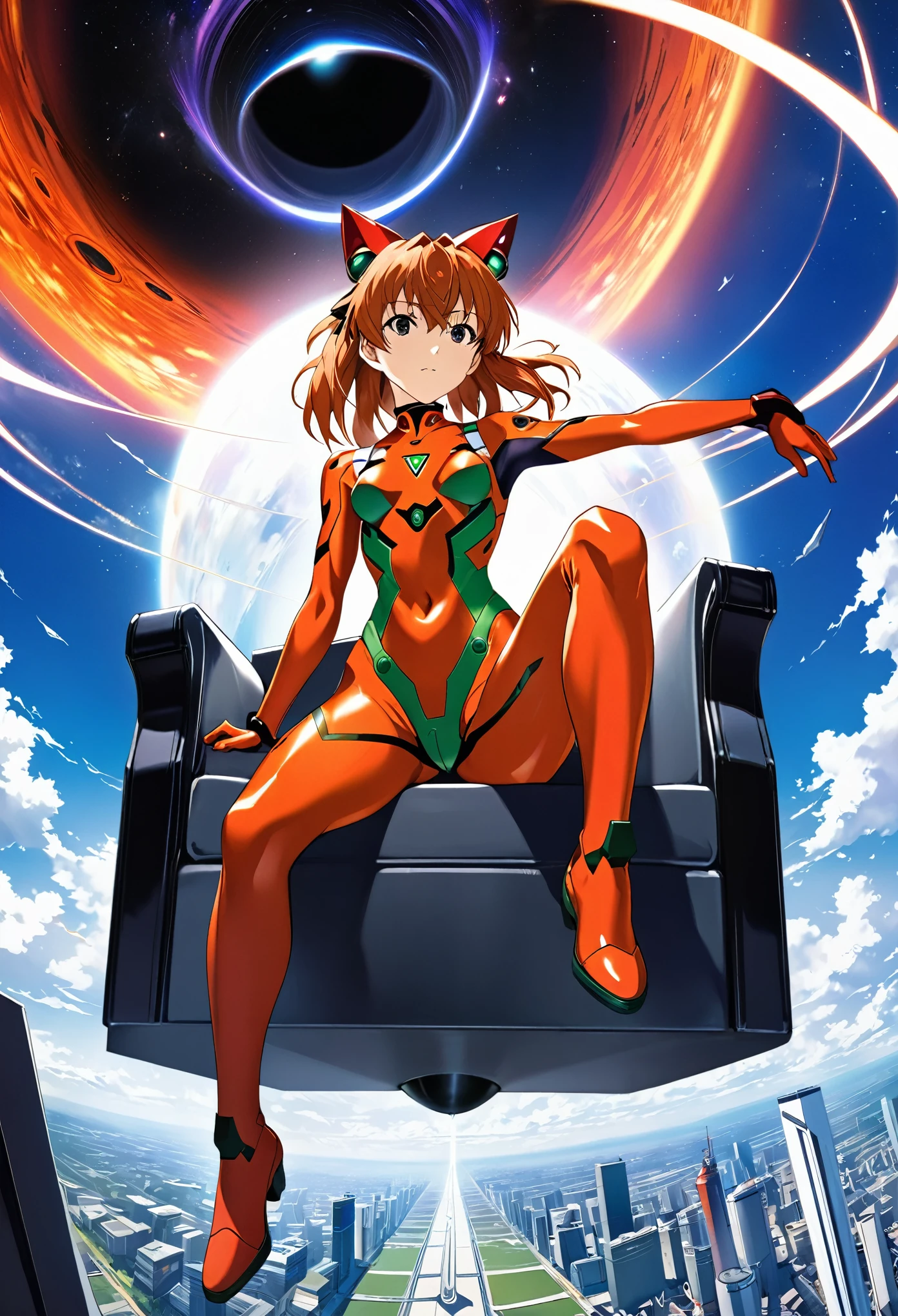 1girl, souryuu asuka langley, neon genesis evangelion, rebuild of evangelion, lance of longinus, cat hat, plugsuit, pilot suit, red bodysuit, sitting, crossed legs, black eye patch, throne, looking down, from bottom, looking at viewer, outdoors, masterpiece, best quality, very aesthetic, absurdres,((realistic simulation of a black hole))Parallel universe that stretches infinitely forward and infinitely backward, expansive singularity, infinite towards the past and infinite towards the future, curved space time, orisonte of events, moment of time, shocking, impressive,epic,impossible images,masterpiece of creation,((evangelion)),third impact,asuka,eva 01