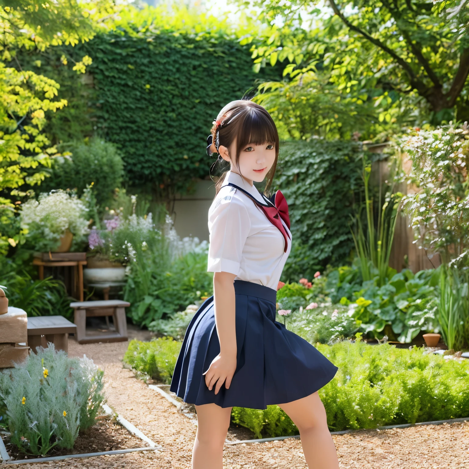girl, student, , Wearing a uniform, Navy Blue Skirt, Long skirt,, small bow, garden, nature, てんnature garden, anime, anime movie,The genitals are visible,Sexy pose,Dress shirt,2.5th Dimension,Pussy,up,Open up,Vaginal hole is visible,