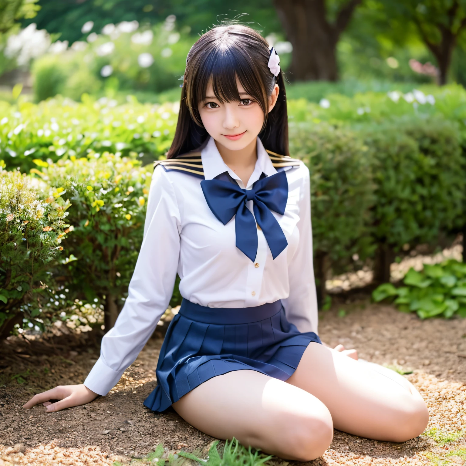 girl, student, 15 years old, Wearing a uniform, Navy Blue Skirt, Long skirt,, small bow, garden, nature, てんnature garden, anime, anime movie,The genitals are visible,Sexy pose,Dress shirt,2.5th Dimension,Pussy,up,Open up,Vaginal hole is visible,