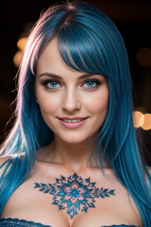 une femme de 25 ans, sexy, romantic smile, HD, 8k, masterpiece, a lot of details, blue hairs, deep look, blue eyes, pink lace lingery, tribal tattoo
