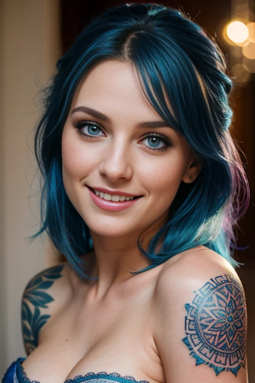une femme de 25 ans, sexy, romantic smile, HD, 8k, masterpiece, a lot of details, blue hairs, deep look, blue eyes, pink lace lingery, tribal tattoo