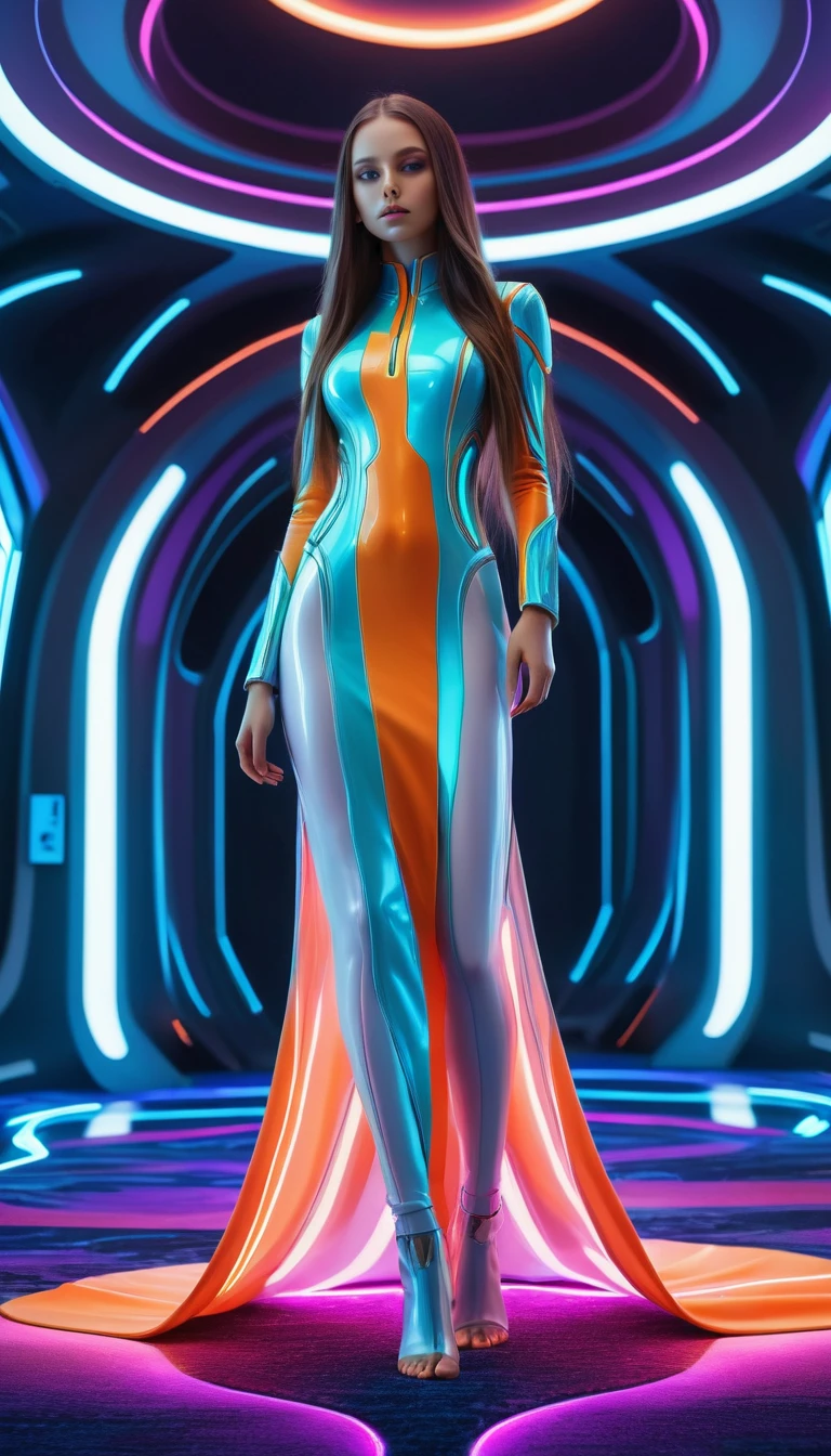 A barefoot futuristic alien girl standing silently on a carpet, captivating eyes, porcelain skin, long flowing hair, (futuristic outfit:1.1, sleek attire), (graceful movement), (bright and vibrant colors), (futuristic lighting:1.1, neon lighting), (futuristic bedroom ), (digital art:1.1, digital illustration), (high resolution, ultra-detailed:1.2), (photorealistic:1.37, realistic rendering).