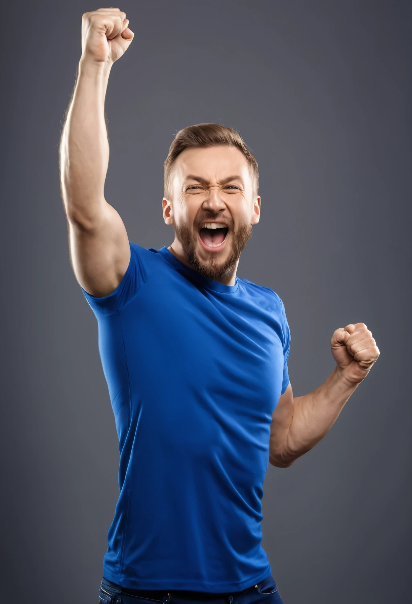 Der Mann im Bild hat eine energiegeladene, victorious posture. His hands are clenched into fists and raised in the air in front of his upper body, as if he were raising his fists in joy. His facial expression is happy and enthusiastic. Er steht aufrecht und scheint in Bewegung zu sein, was der Pose eine dynamische Wirkung verleiht.