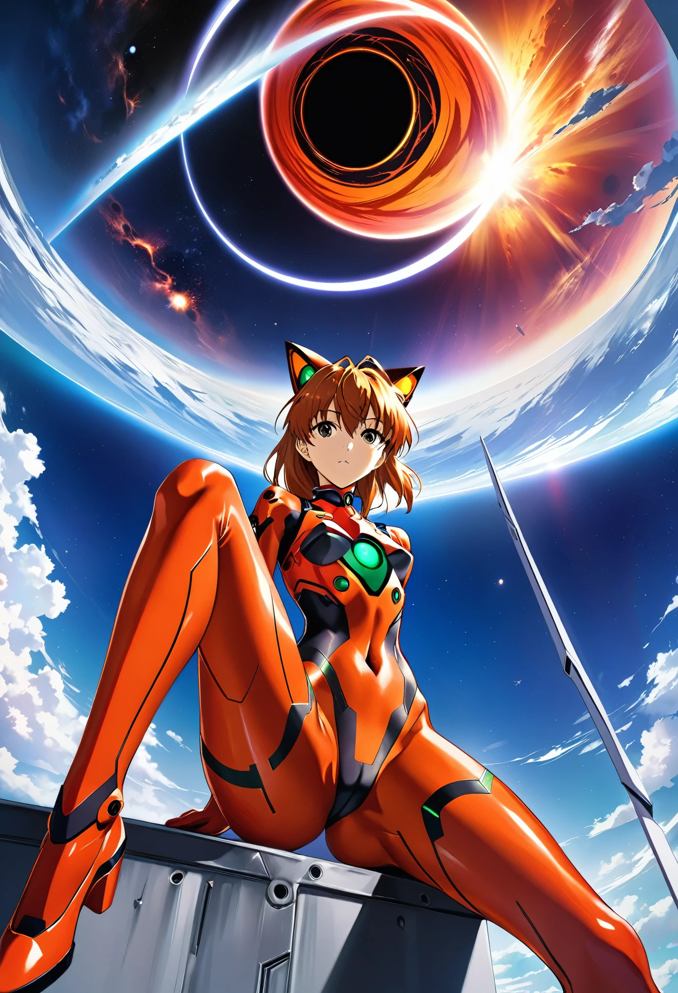 1girl, souryuu asuka langley, neon genesis evangelion, rebuild of evangelion, lance of longinus, cat hat, plugsuit, pilot suit, red bodysuit, sitting, crossed legs, black eye patch, throne, looking down, from bottom, looking at viewer, outdoors, masterpiece, best quality, very aesthetic, absurdres,((realistic simulation of a black hole))Parallel universe that stretches infinitely forward and infinitely backward, expansive singularity, infinite towards the past and infinite towards the future, curved space time, orisonte of events, moment of time, shocking, impressive,epic,impossible images,masterpiece of creation,((evangelion)),third impact,asuka