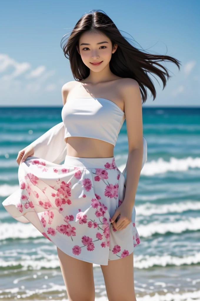 Realistic photo, beautiful Asian girl wearing soft cloth flowery skirt, (wind lift:1.5), curvy figure, slim waist, smiling, bare shoulders, showcasing underwear, windy, blurred background of the beach.