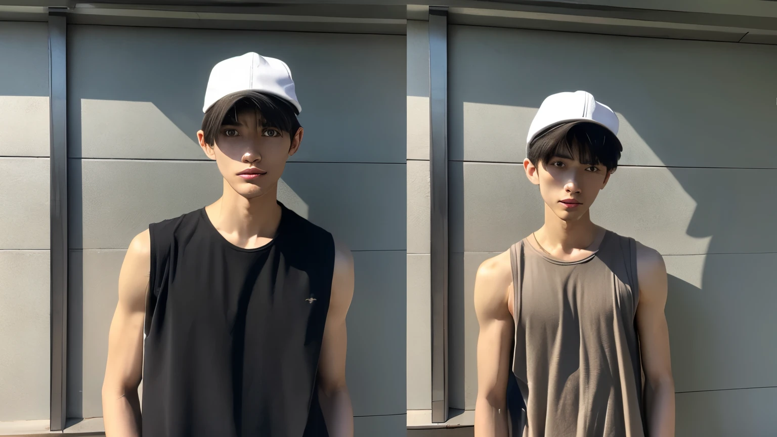 A skinny man wearing a hat, upper body front view Wear clothes