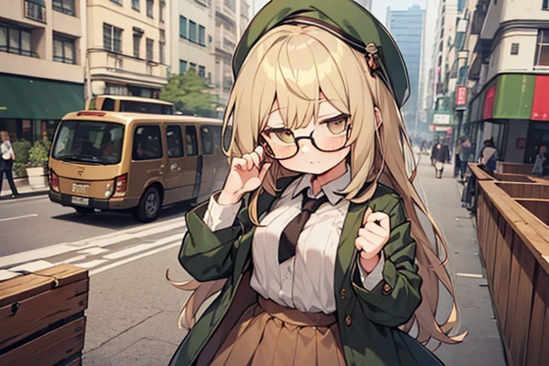 long ahoge,shirt,White hair,Brown eyes,circle-glasses,Brown tie,brown skirt,dark green beret,Dark green jacket,girl with,steampunkai,sleepeace,retro city background,jitome,hand on another's head