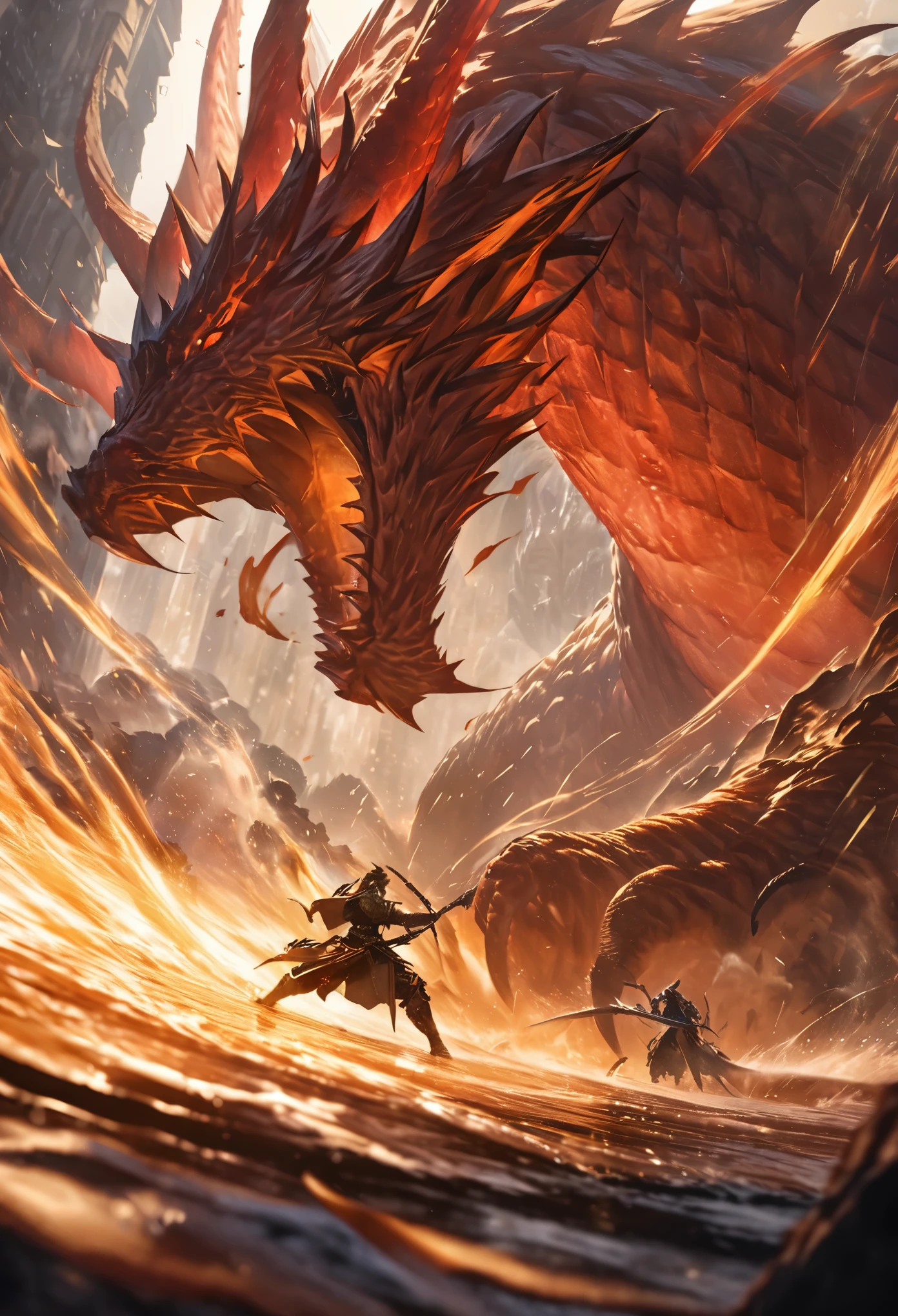 concept:Battle scene with a dragon. quality:(highest quality, 4k, High resolution, masterpiece:1.2), Super detailed, (fantasy art,oil:1.5), High quality artwork, delicate brushstrokes. composition:Bokeh, Dynamic composition, a powerful sense of movement, dungeons&inspired by dragons, The overall dramatic atmosphere of the scene, original composition, dutch angle, moving depiction. Subject information:(((Red Dragon:1.2, Giant Monsters))), large dragon with red scales, fierce battle, speed and adrenaline, atmosphere of battle. Other details:An illustration of a scene from a legendary RPG, Combat action in the dungeon, Billowing dust and smoke, Magical effects released by a wizard, (magic scroll), dynamic angle, Angry voice, powerful wave roar, luster, smooth aerodynamic shape, Battle maneuvers that require concentration, energetic atmosphere, The perfect balance of chaos and precision, thrill, a powerful sense of movement, Background Bokeh, 500㎜, f/4.0.