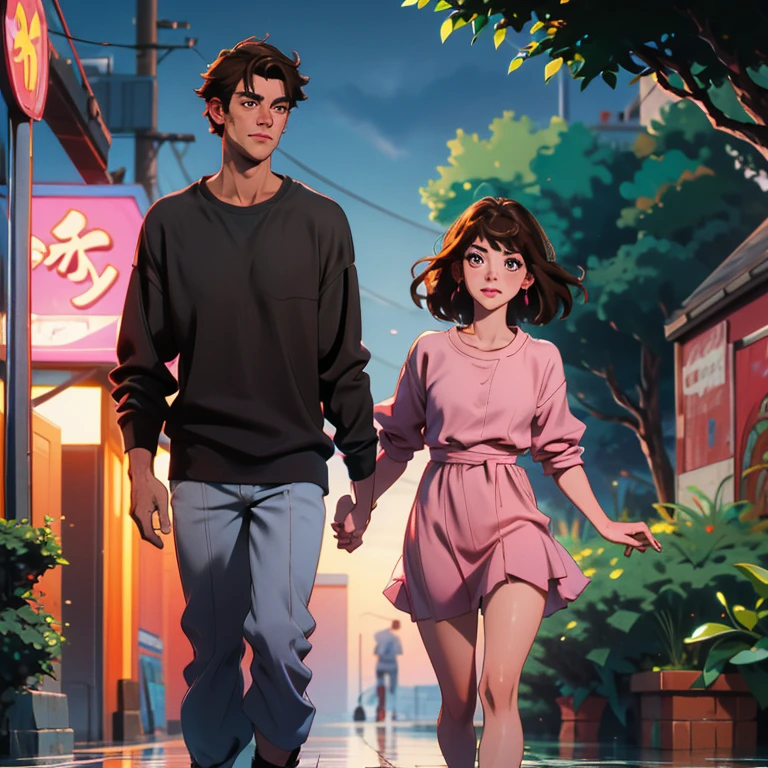 A handsome guy who's wearing black shirt and a beautiful girl who has brown hair and is wearing a pink dress is walking home, both of them are wet