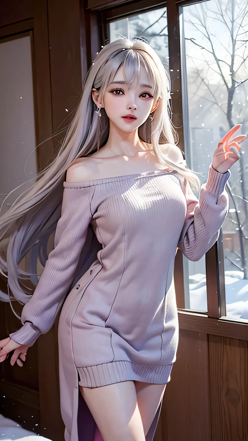 ((masterpiece:1.5、8k、Tabletop、Photorealistic and very detailed CG、Very detailed、Particle Effects、Dynamic Effects、Written boundary depth、Cinematic Light、Lens flare、Ray Tracing、Tabletop、Realistic:1.4、超A high resolution:1.2、Realistic、Realistic))((alone、A woman wearing a sweater dress and a long coat:1.4、Elegant woman posing:、Detailed face、Bright expression、Younger, brighter, whiter skin、Best Looks、The ultimate beauty、Silver hair with dazzling highlights、Shiny bright hair,、Super long, silky straight hair、hair dancing in the wind))(morning、The setting is inside a wooden house, with a view of snow piling up from the window.)