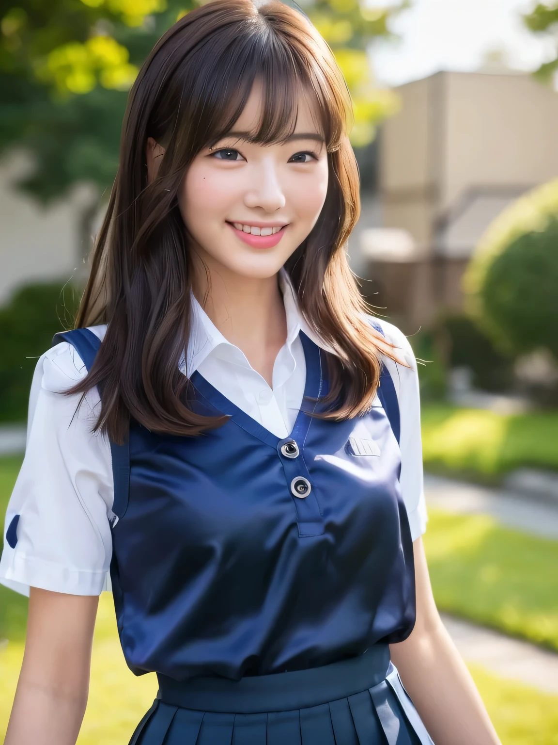 masterpiece, Close-up shot of face, View from the front, One woman per photo, Young and beautiful woman in Japan, He is walking down the school corridor with a big smile on his face and a backpack on his shoulder., Attractive person, Wearing a short-sleeved silk white collared shirt and a plain red shiny satin bow tie, Super cute face, Glossy Lips, Double eyelids on both eyes, Natural Makeup, Long eyelashes, Shiny, smooth, light brown medium length hair, Asymmetrical bangs, Sunburned skin, Wearing a dark blue pleated skirt, head in the frame, Center image, 8k resolution, Attention to detail, Detailed hairstyle, Detailed face, Spectacular movie lighting, Octane Rendering, Vibrant, Ultra-realistic, Perfect limbs, Perfect Anatomy