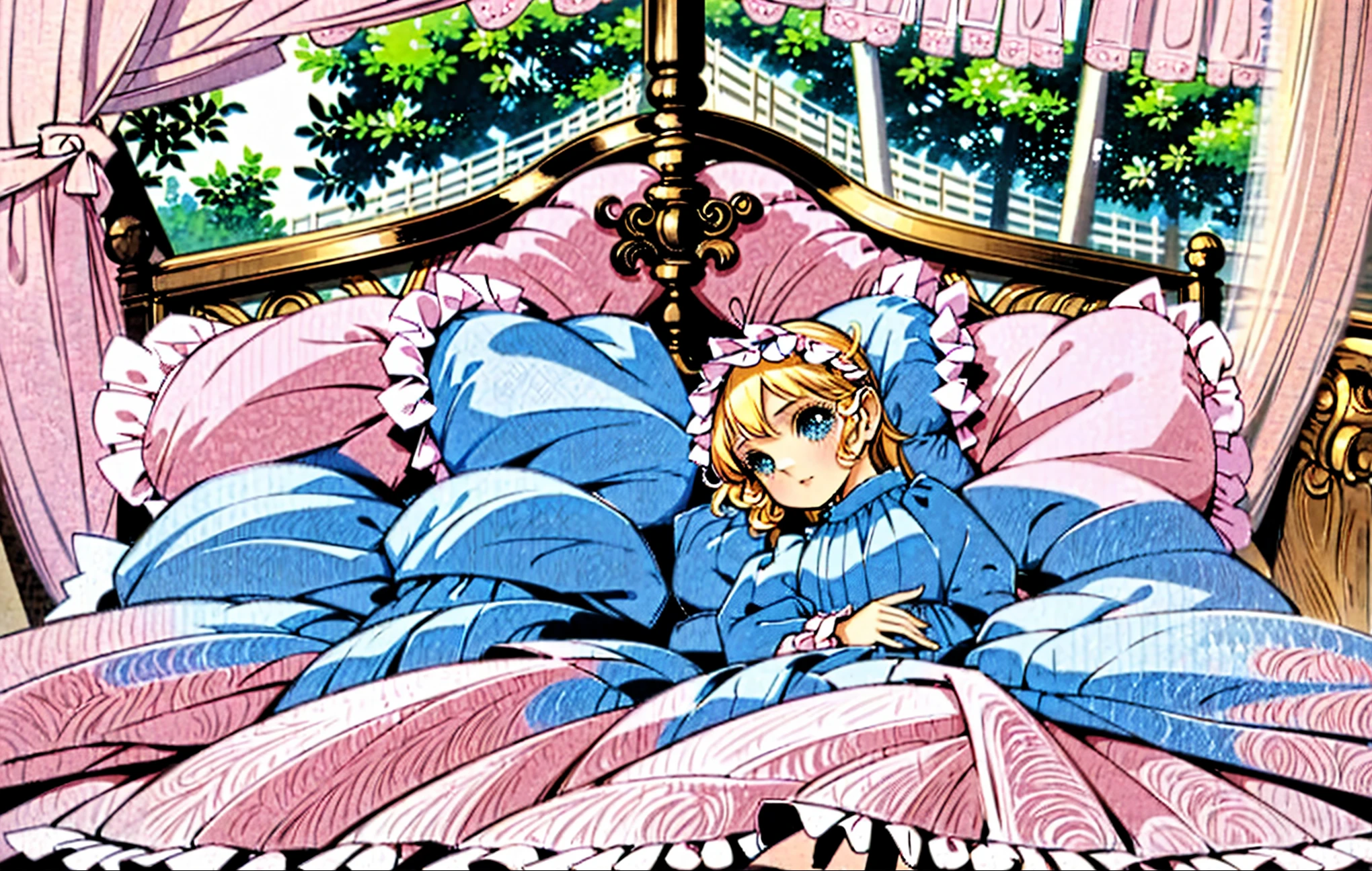 ,highest quality, masterpiece, Highest Resolution, artwork, super それにGet used to it, many Get used to it, Get used to it, それにGet used to it, ,(( 10 year old girl)),Super detailed baby face,high quality small face,Long blonde hair,blue eyes,白い肌のEuropean,pajamas, European,Curly Hair,blue eyes,((((ピンクのロリータファッションのLong skirtのワンピースドレス)))),((フリルとリボンがたっぷりついたピンクの可愛らしいpajamas)),((A gorgeous pink headdress with frills and ribbons)),Detailed headdress,,(((Large yoke collar))),Yoke collar with ruffles and bow,((((Long sleeve)))),Ruffle sleeves,((((Long skirt)))),Pink pillow with big frills and ribbons,(((Nice pink outfit))),On a luxurious canopy bed,Sleeping Beauty's canopy bed in the forest,The bed is surrounded by luxurious curtains.,There are lots of frilly pink pillows on the bed,Behind the girl are a bunch of pink frilly pillows..,Highly detailed background,Detailed bed,Soft pink comforter,Very fine soft frilly pillow,Beautiful girl illustration,Beautiful face in every detail,Thinning hair,Detailed eyes ,Detailed eyess,Mouth details, Arm details,Beautiful Hands,Detailed pillow,Large bed,Illustration on the bed, ,((((Round futon)))),((((A large pink ruffled quilt covers the entire bed.)))),Detailed comforter,Detailed bedシーツ,Before bedtime,Romantic atmosphere,Palace Bedroom,((((The lower half of the body is hidden under a large blanket.....)))) The girl is leaning against a pile of pillows, ,((((Round futon)))),((((A large pink ruffled quilt covers the entire bed.)))),Illustration of Sleeping Beauty in the forest、