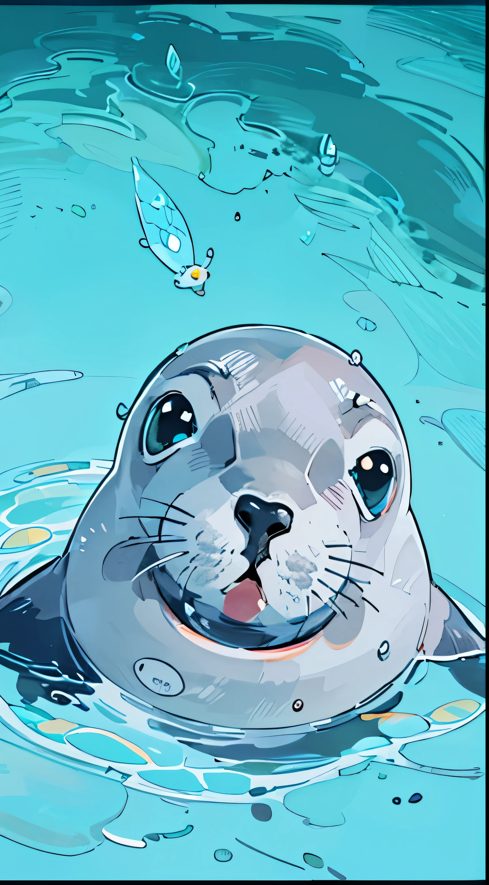 In the water,A cute little seal baby,, closure, radiohead logo, Fresh Plush, Psychedelic humor, Bellbrick, mandkaws, holographic effect, Dark holographic technique!!!, Ray Blend Color!!, LSD Color Fading, Psychedelic, cheerful and humorous, holographic, Metal Reflection, Colorful album cover, Half Bear--Automatic